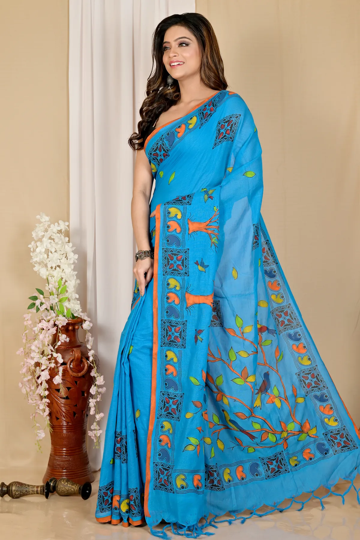 DipDiya Pure Cotton Blue Asu Bengali Heritage Handloom Sarees