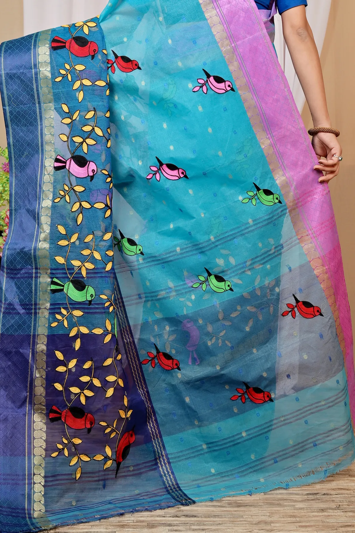 DipDiya Pure Cotton Blue Embi Ganga Chari A Legacy Woven Embroidery Tant Sarees