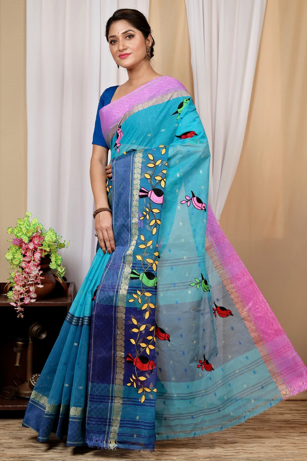 DipDiya Pure Cotton Blue Embi Ganga Chari A Legacy Woven Embroidery Tant Sarees
