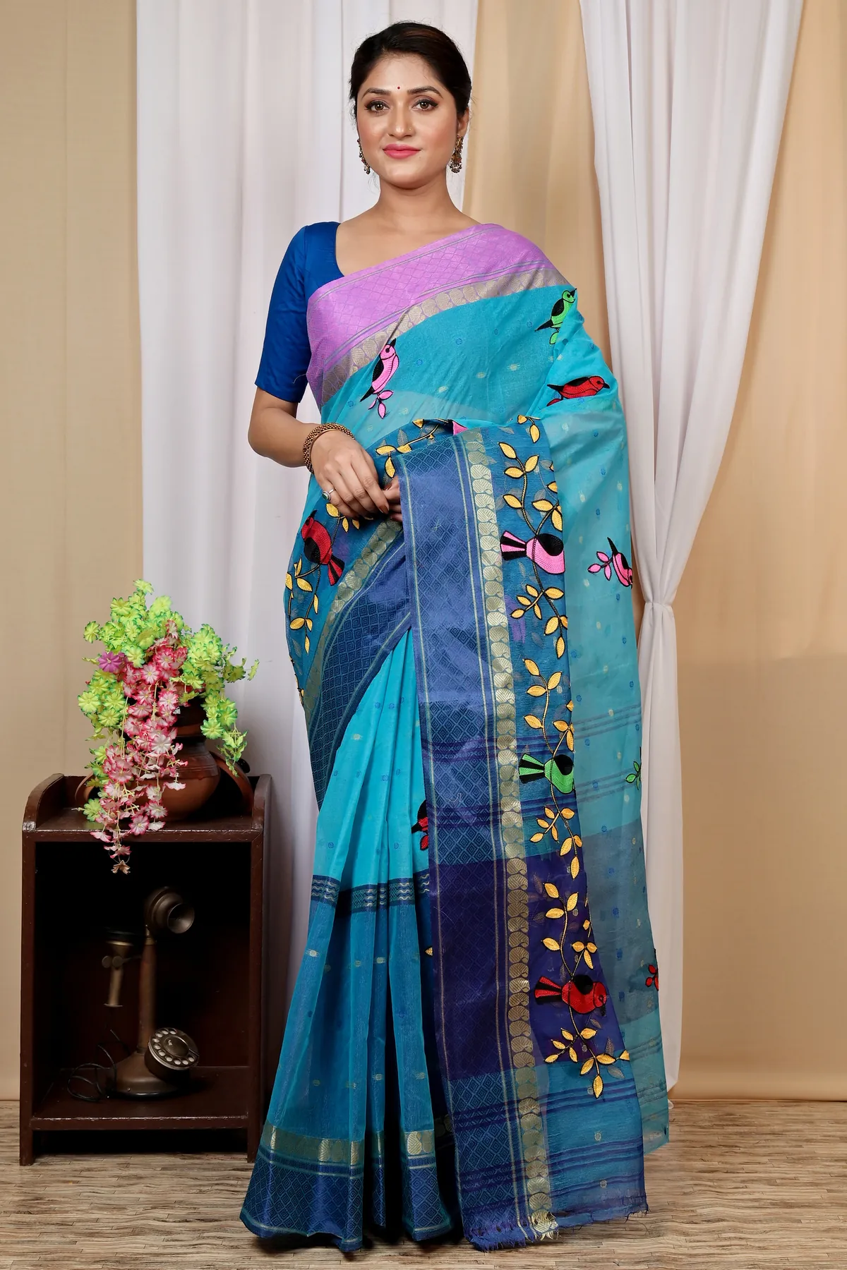 DipDiya Pure Cotton Blue Embi Ganga Chari A Legacy Woven Embroidery Tant Sarees