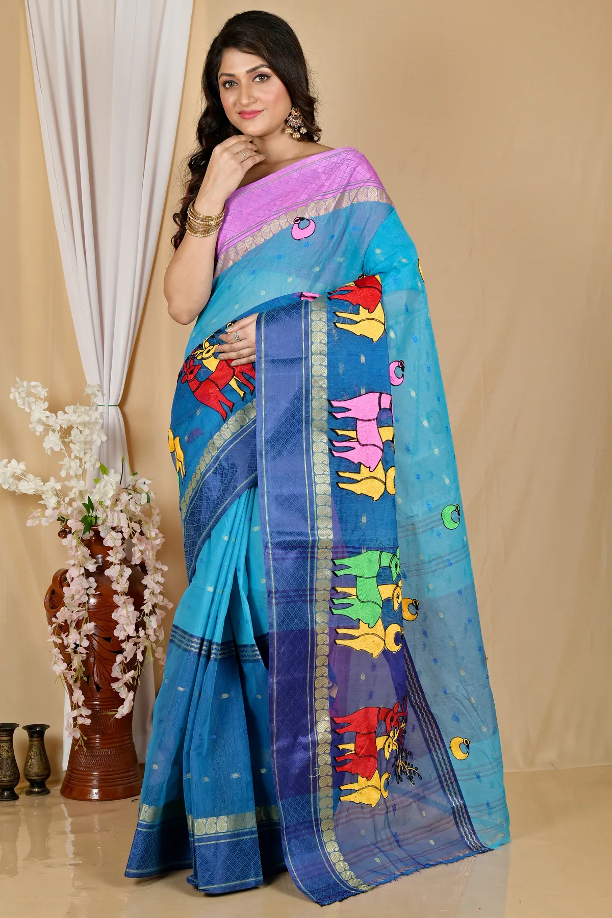 DipDiya Pure Cotton Blue Embi Ganga Indra Woven with Love Embroidery Tant Sarees