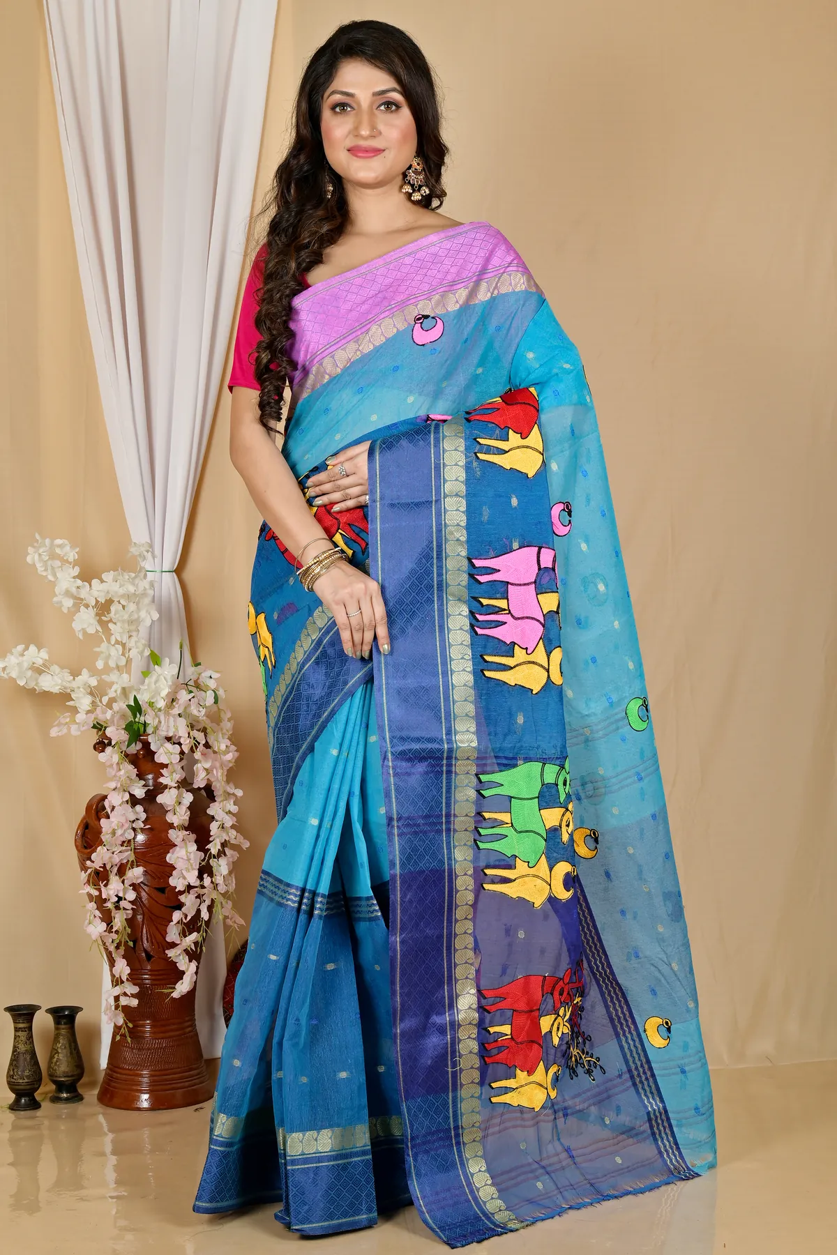 DipDiya Pure Cotton Blue Embi Ganga Indra Woven with Love Embroidery Tant Sarees