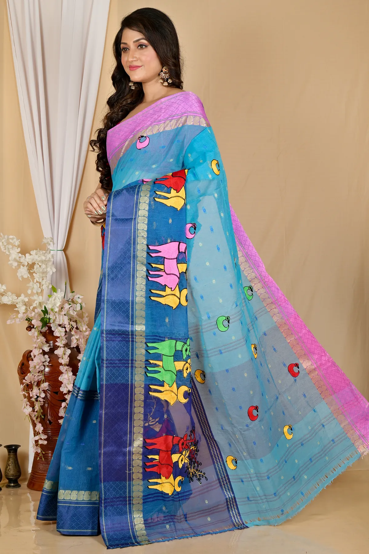 DipDiya Pure Cotton Blue Embi Ganga Indra Woven with Love Embroidery Tant Sarees