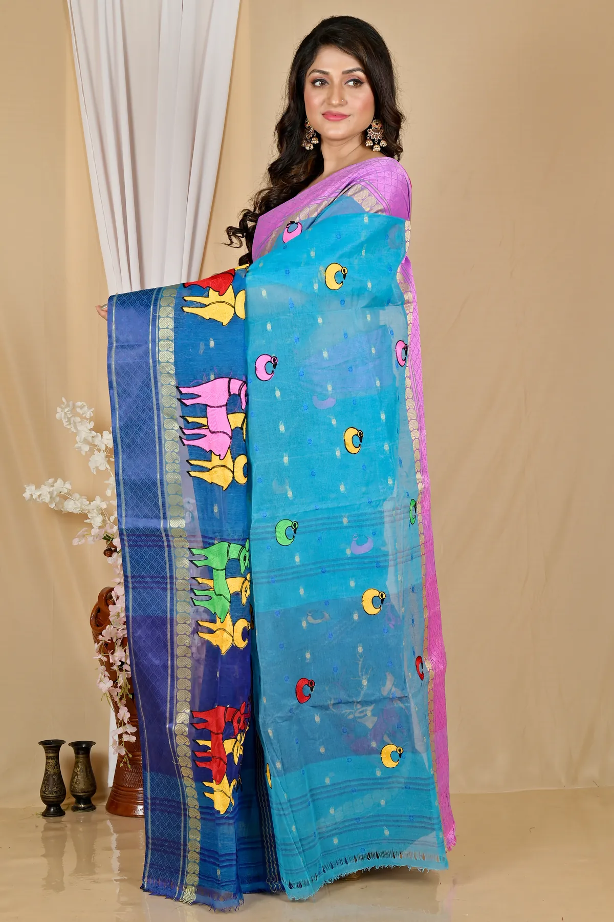 DipDiya Pure Cotton Blue Embi Ganga Indra Woven with Love Embroidery Tant Sarees