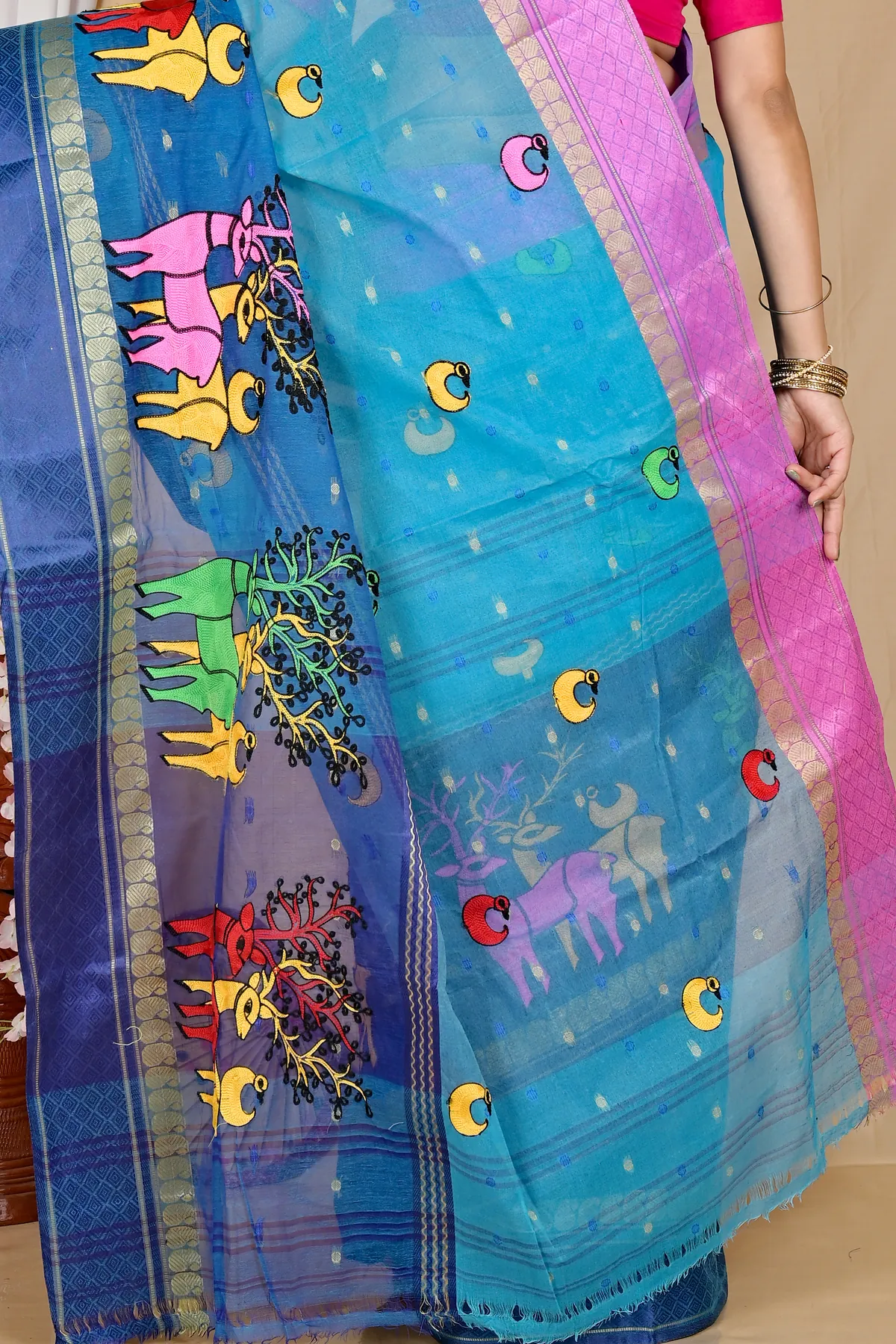 DipDiya Pure Cotton Blue Embi Ganga Indra Woven with Love Embroidery Tant Sarees