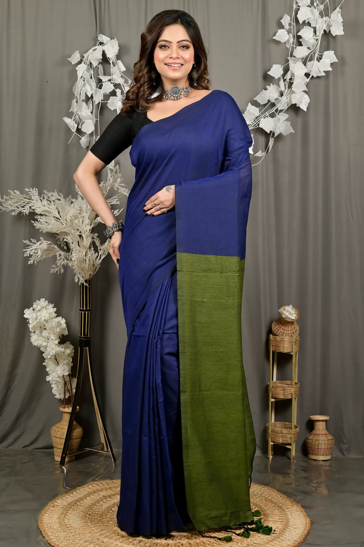 DipDiya Pure Cotton Blue Green ThanKhaditu Essence of Bengal Handloom Sarees