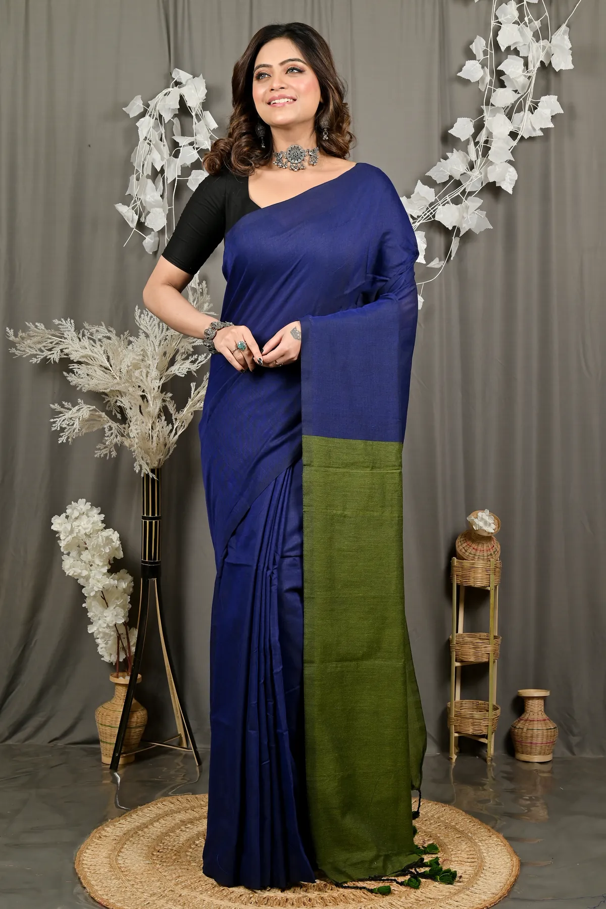DipDiya Pure Cotton Blue Green ThanKhaditu Essence of Bengal Handloom Sarees