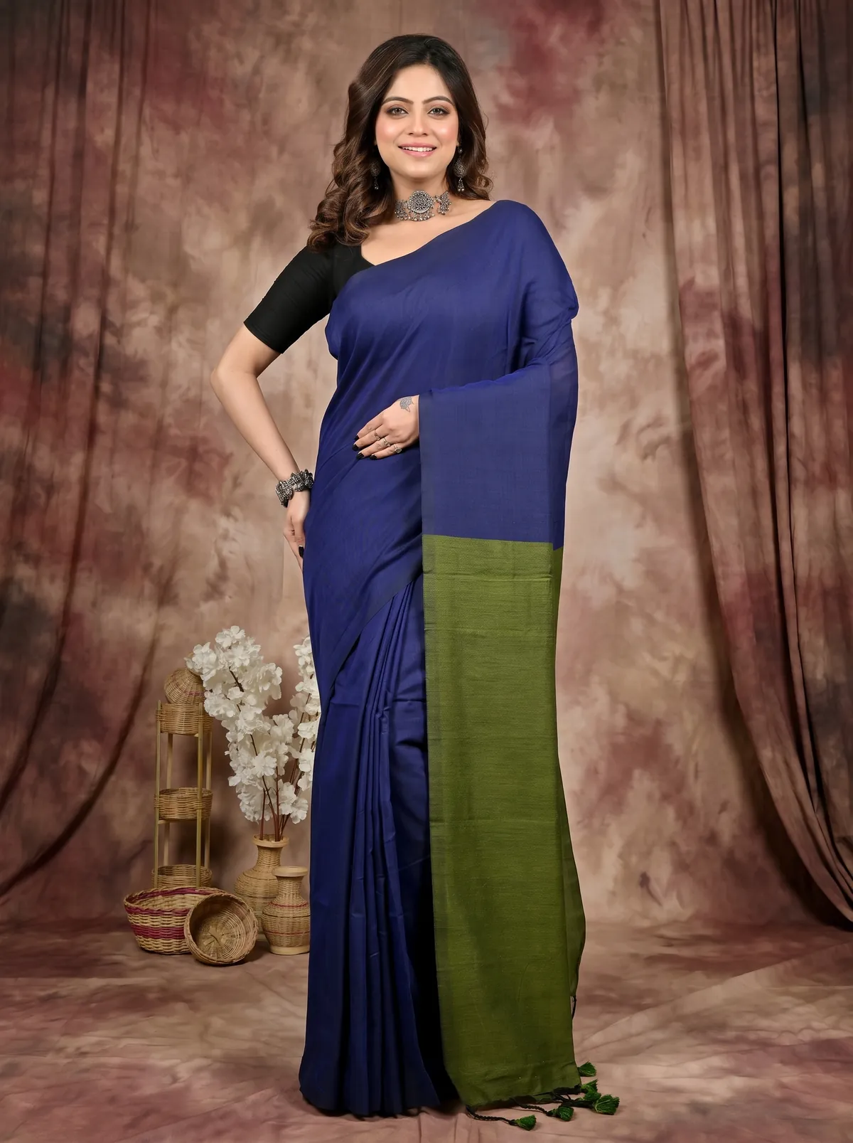 DipDiya Pure Cotton Blue Green ThanKhaditu Essence of Bengal Handloom Sarees