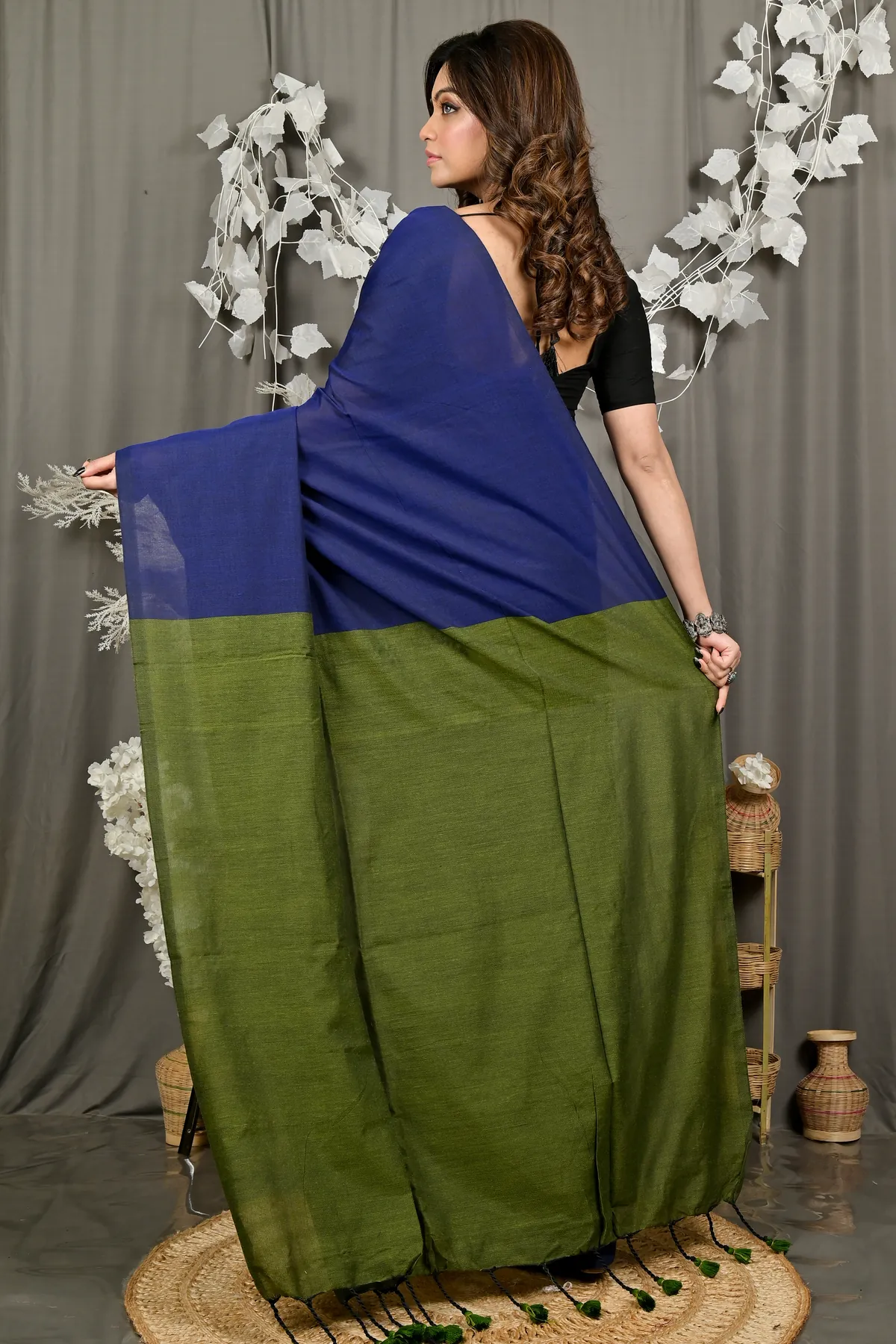 DipDiya Pure Cotton Blue Green ThanKhaditu Essence of Bengal Handloom Sarees