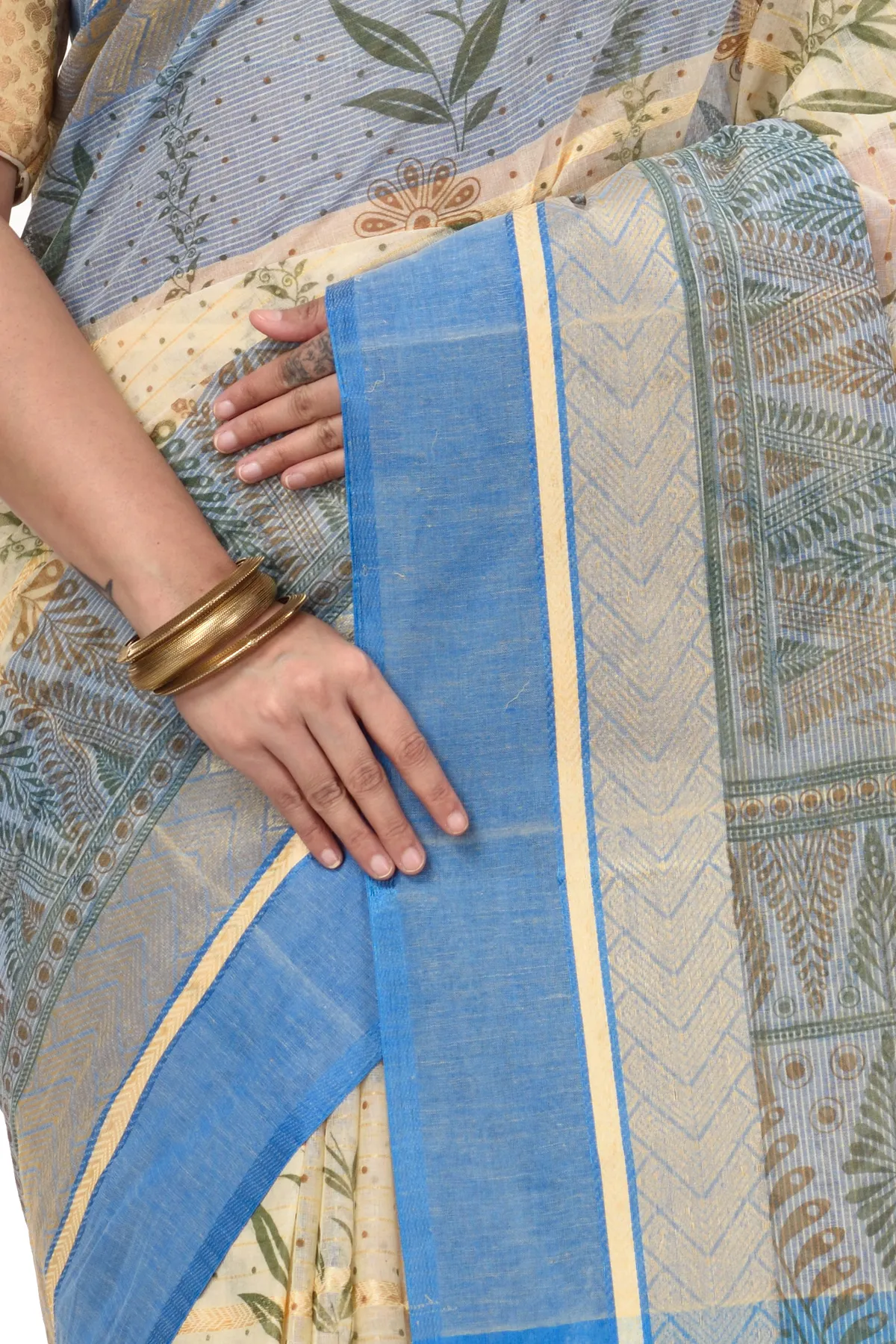 DipDiya Pure Cotton Blue Lata Pata Bengal’s Tradition Printed Tant Sarees