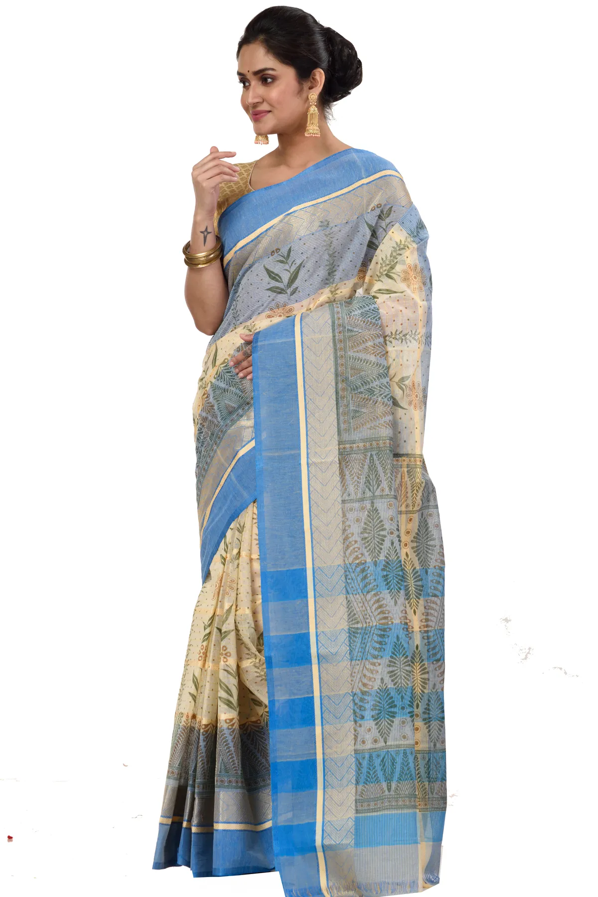 DipDiya Pure Cotton Blue Lata Pata Bengal’s Tradition Printed Tant Sarees