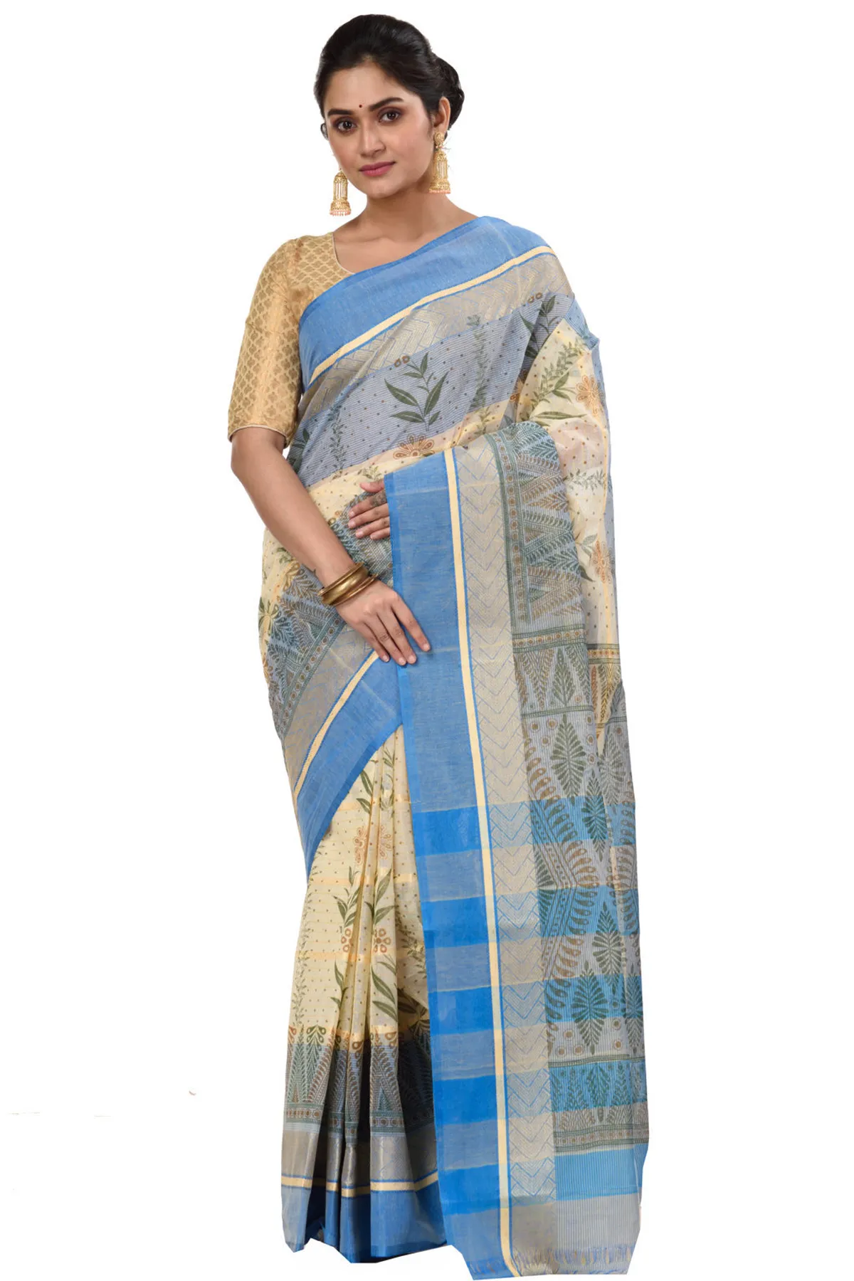 DipDiya Pure Cotton Blue Lata Pata Bengal’s Tradition Printed Tant Sarees