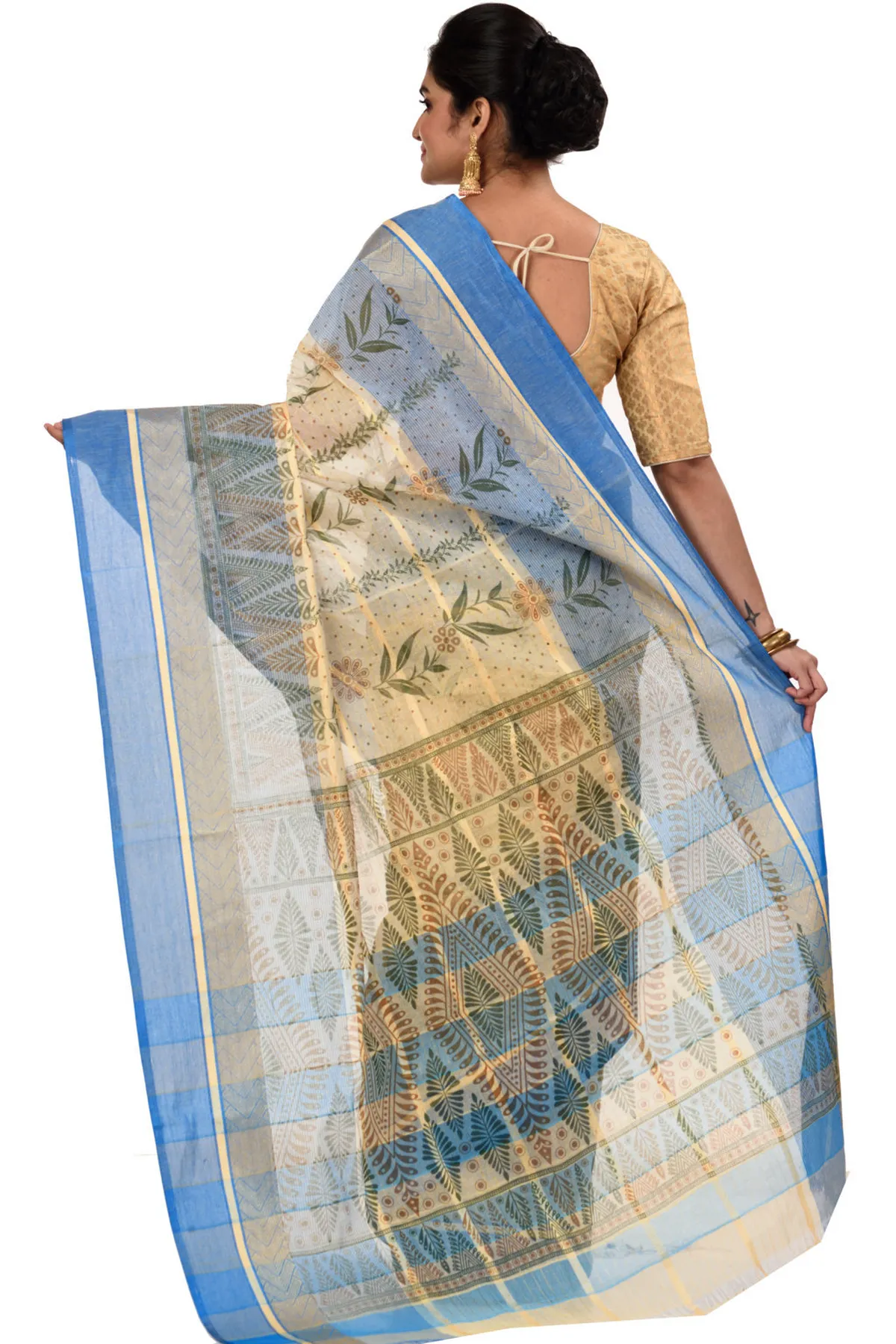 DipDiya Pure Cotton Blue Lata Pata Bengal’s Tradition Printed Tant Sarees