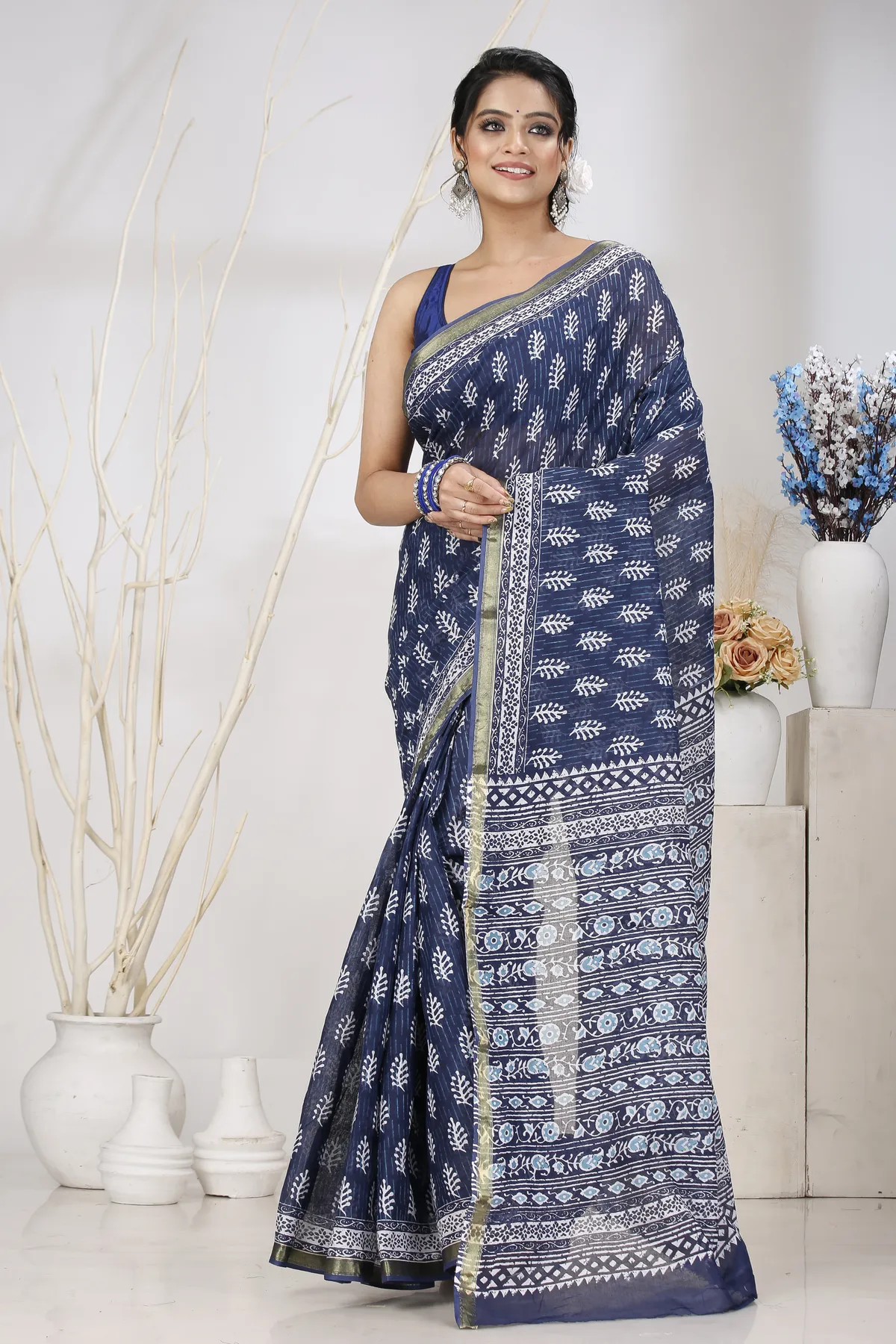 DipDiya Pure Cotton Blue Mela Woven with Tradition Printed Handloom Sarees