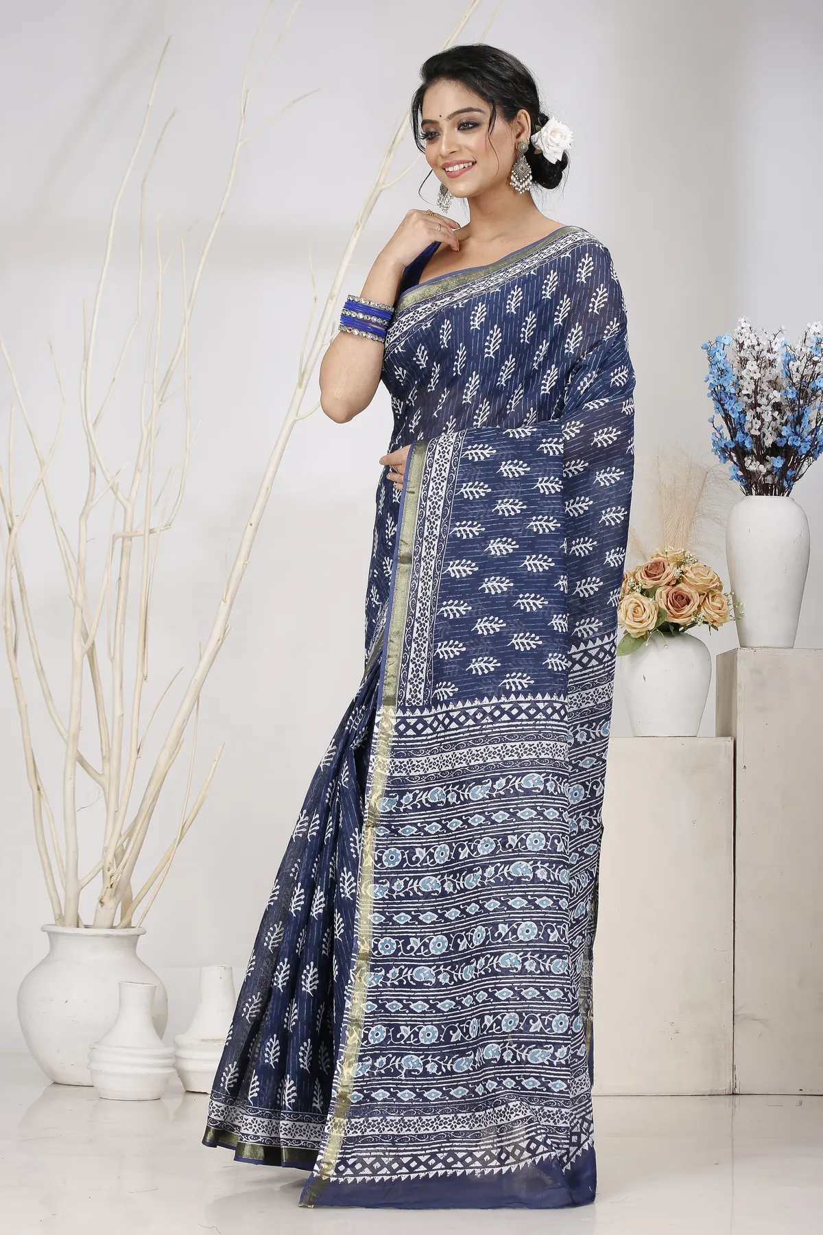 DipDiya Pure Cotton Blue Mela Woven with Tradition Printed Handloom Sarees
