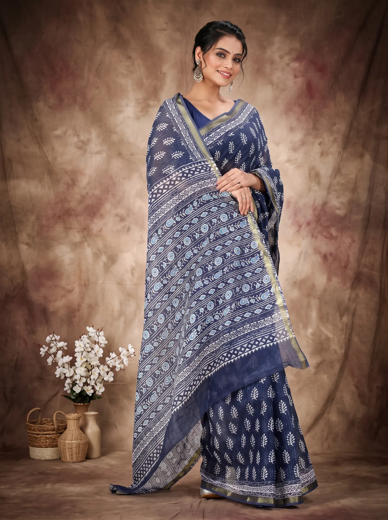 DipDiya Pure Cotton Blue Mela Woven with Tradition Printed Handloom Sarees