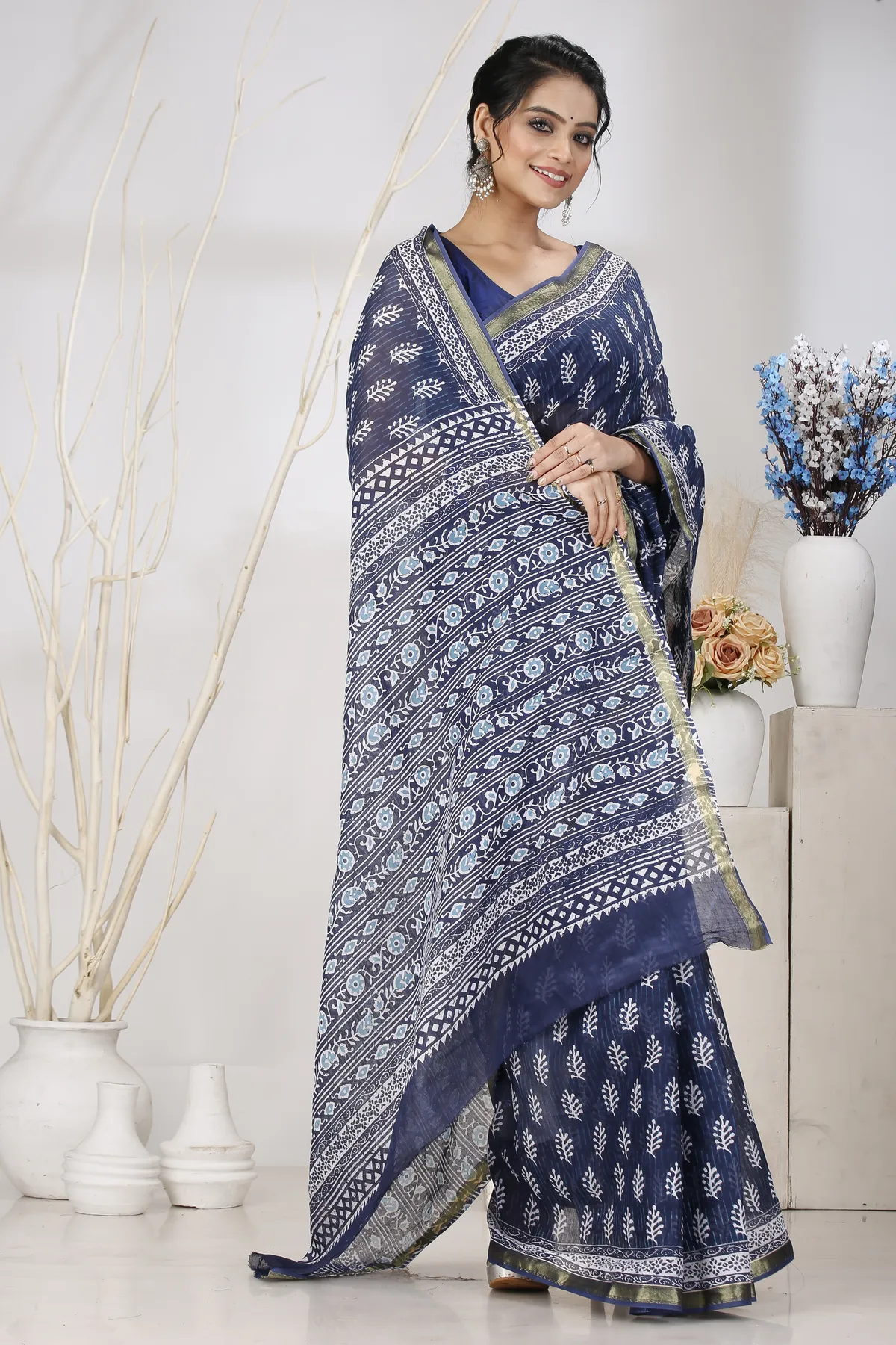 DipDiya Pure Cotton Blue Mela Woven with Tradition Printed Handloom Sarees