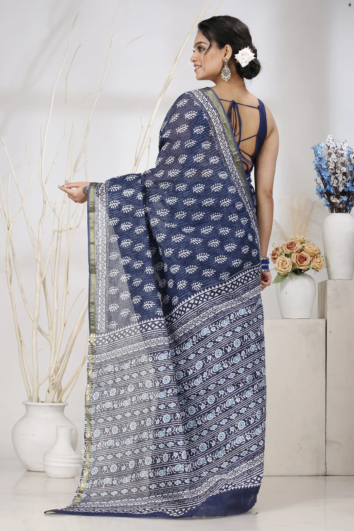 DipDiya Pure Cotton Blue Mela Woven with Tradition Printed Handloom Sarees