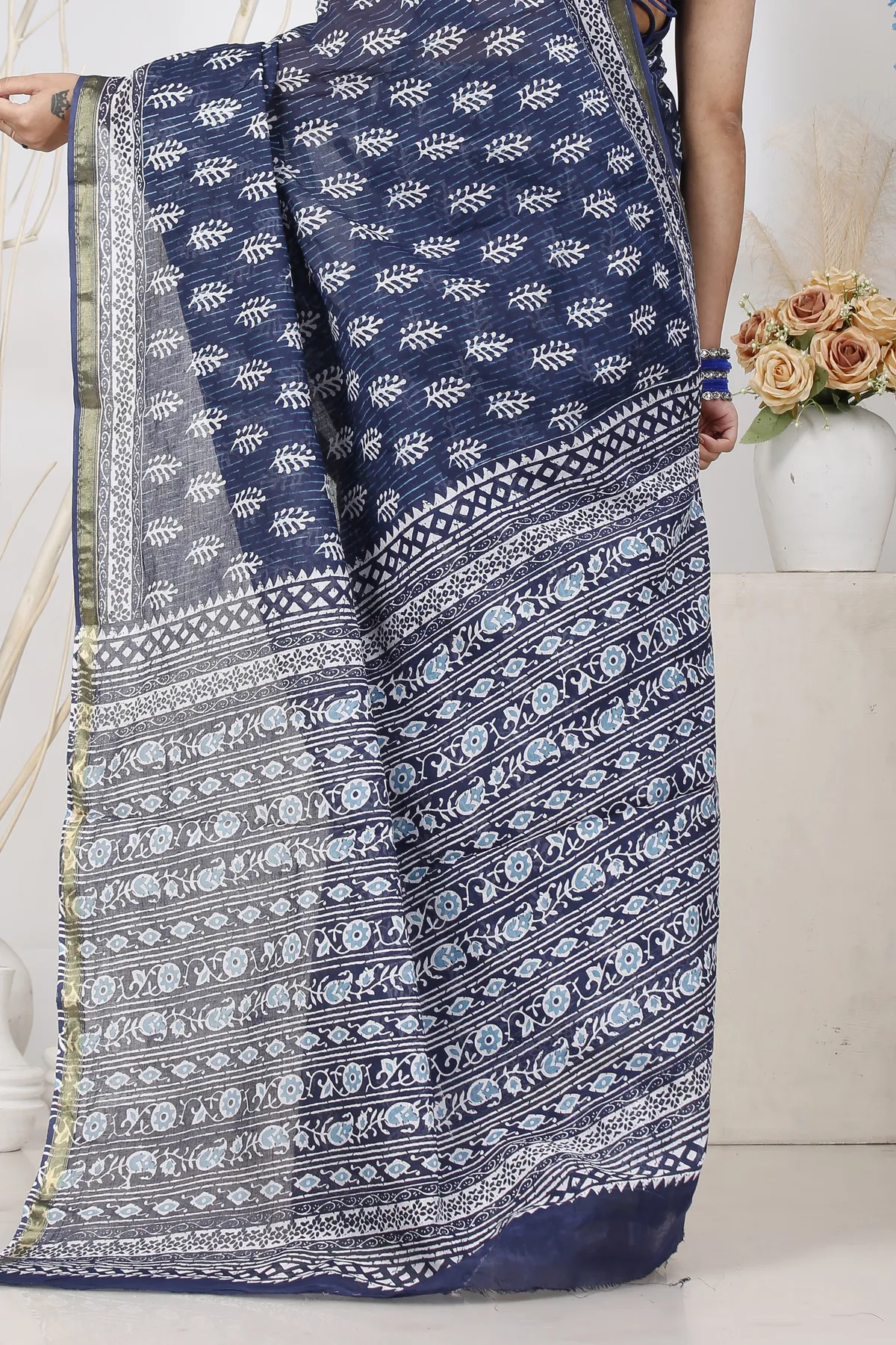 DipDiya Pure Cotton Blue Mela Woven with Tradition Printed Handloom Sarees