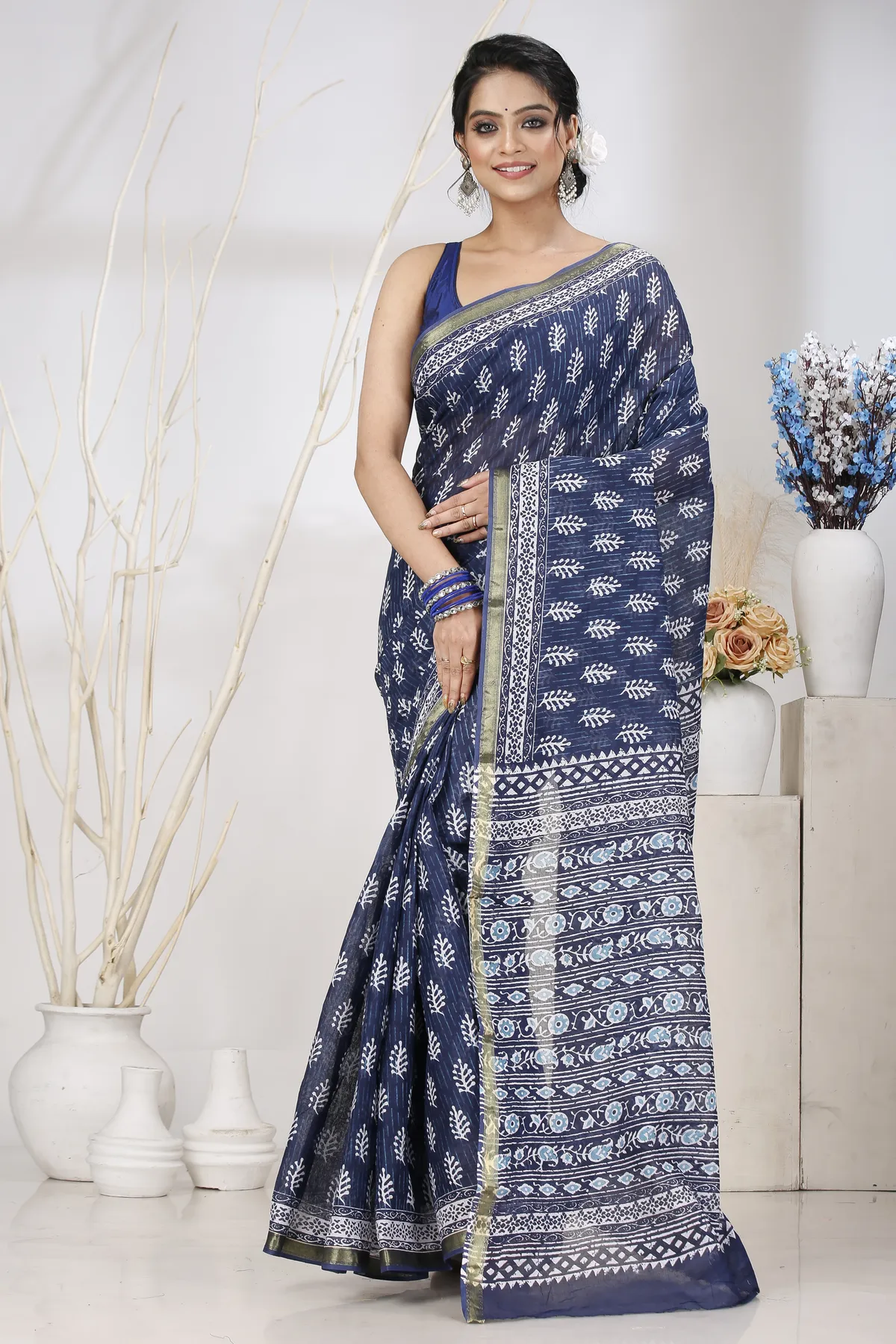 DipDiya Pure Cotton Blue Mela Woven with Tradition Printed Handloom Sarees
