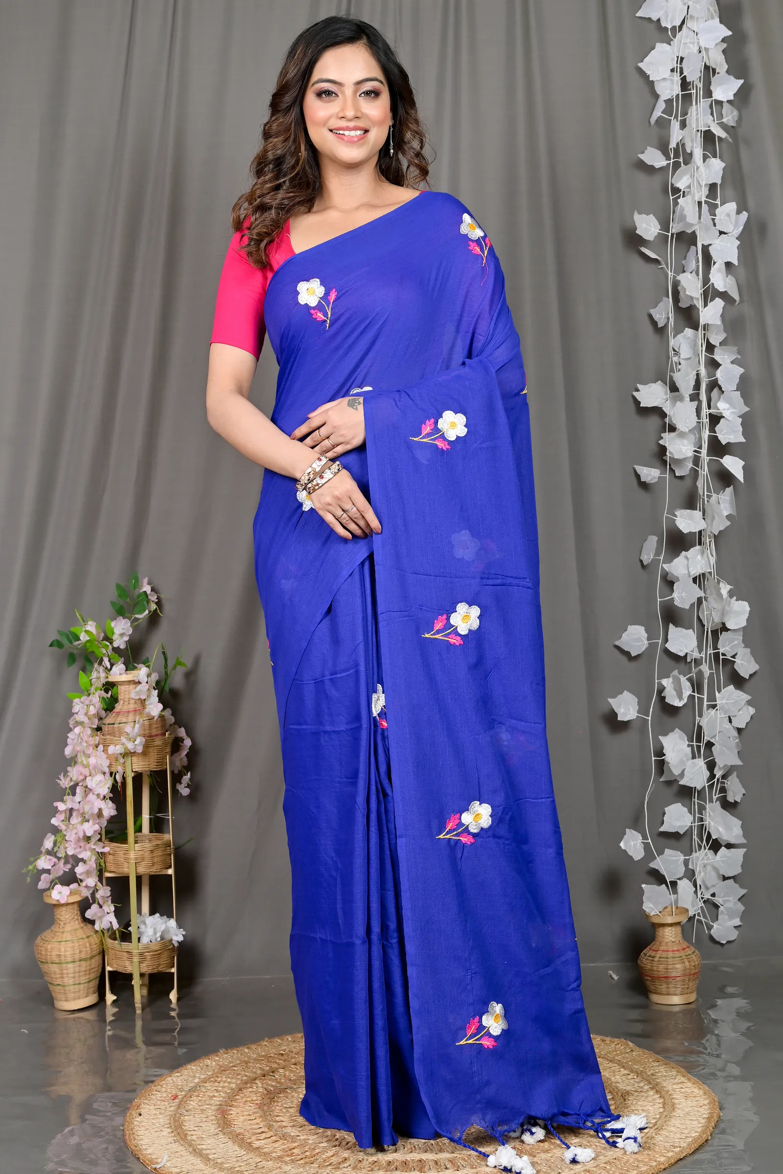 DipDiya Pure Cotton Blue Paray Traditional Bengali Embroidery Handloom sarees