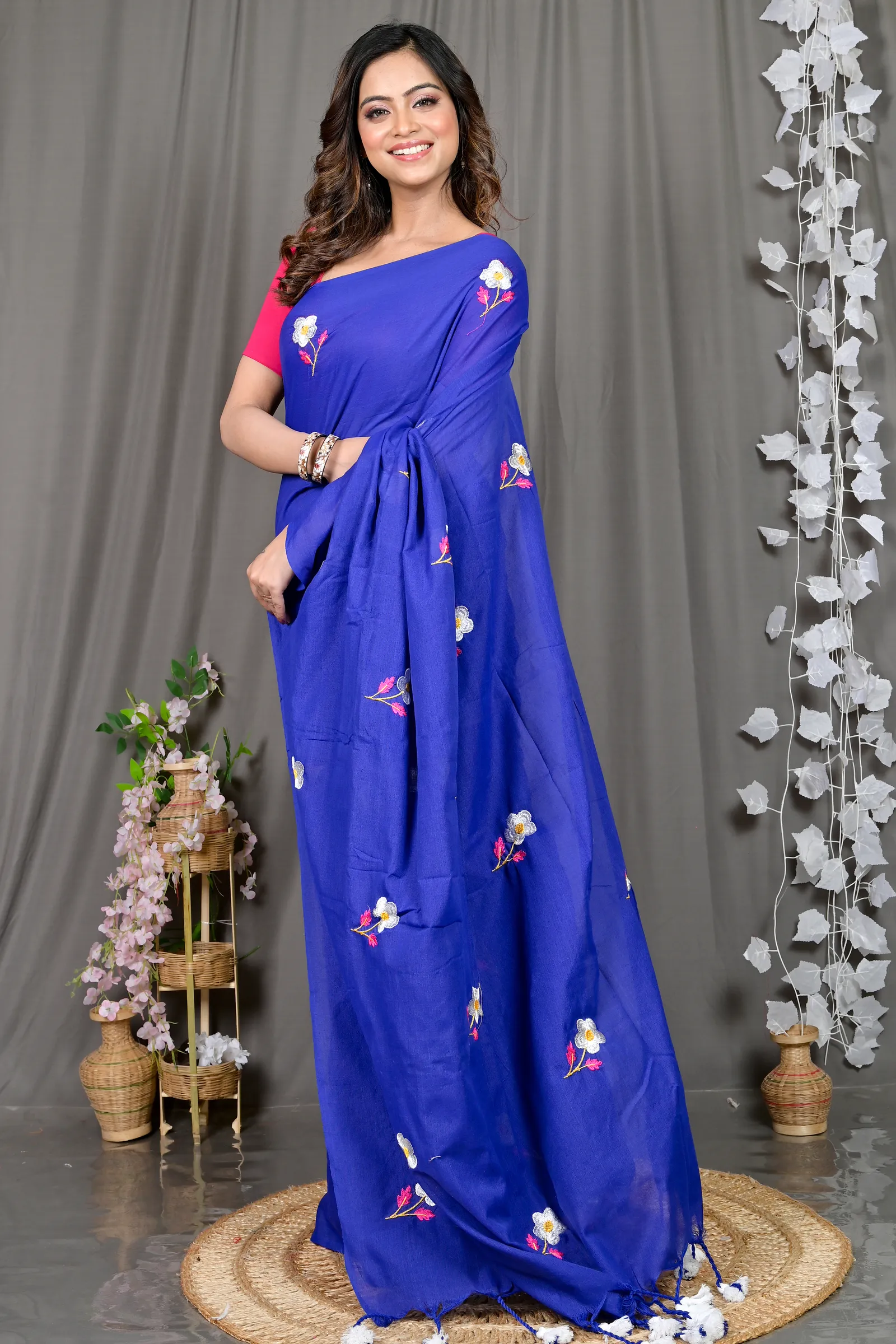 DipDiya Pure Cotton Blue Paray Traditional Bengali Embroidery Handloom sarees
