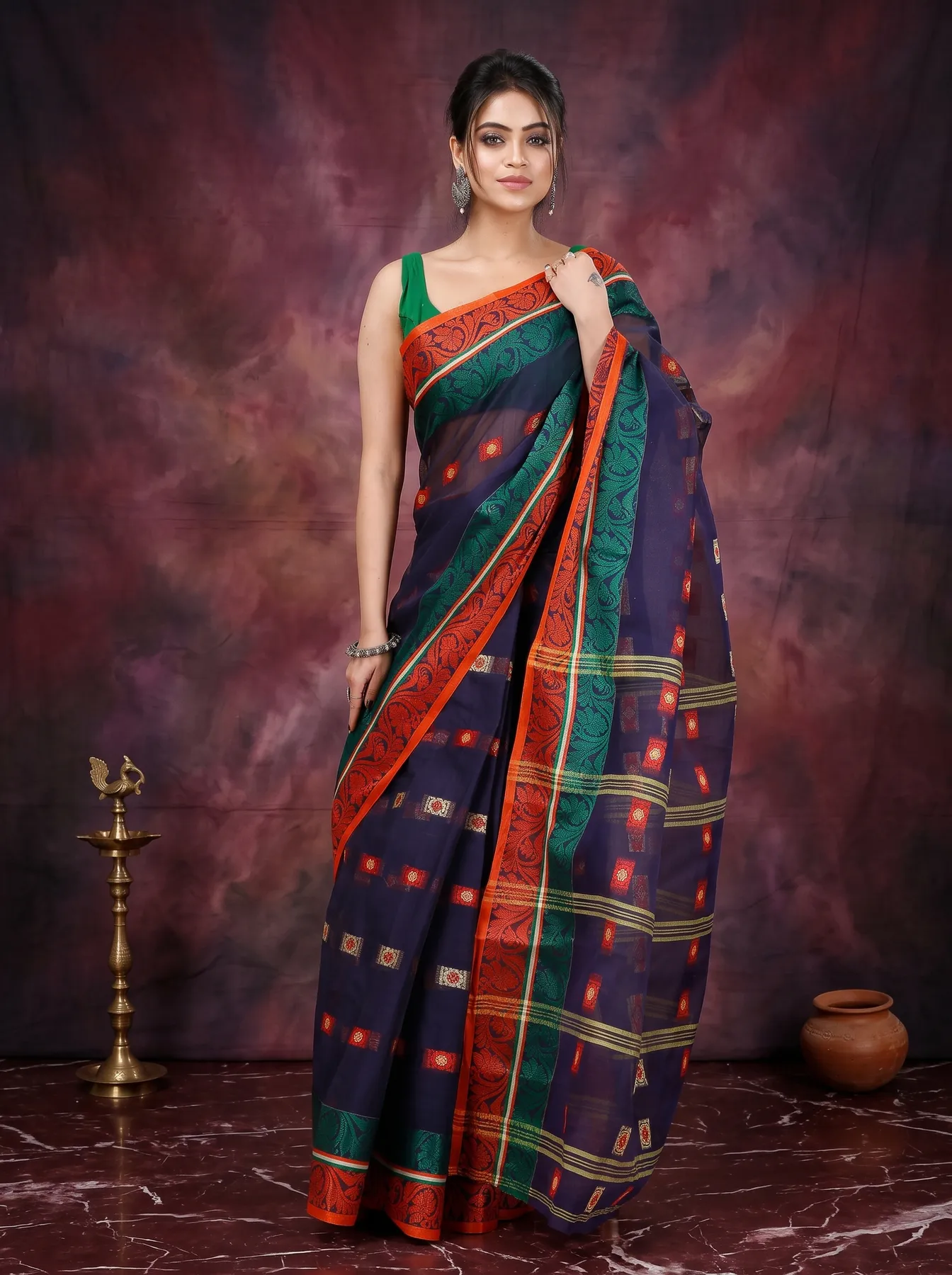 DipDiya Pure Cotton Blue Pushti Desiging Rooted in Bengal Tant Sarees