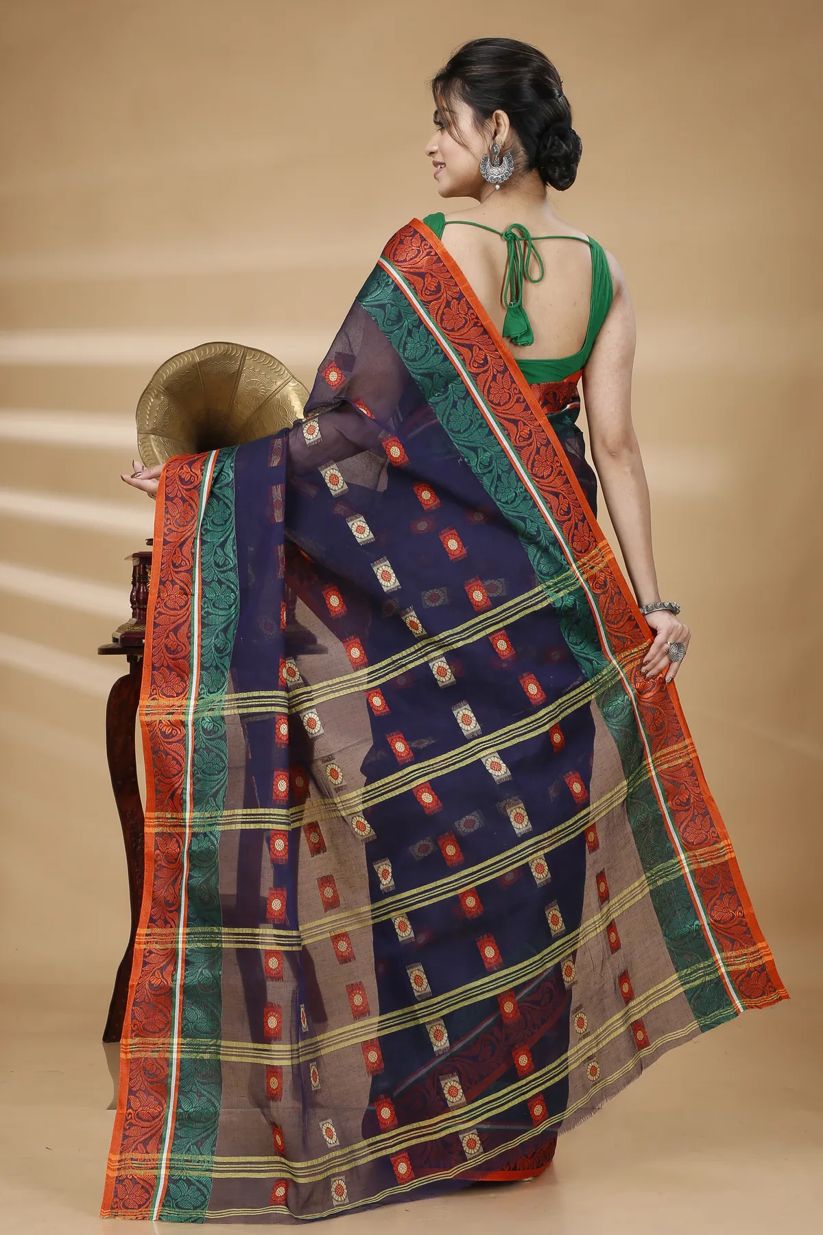 DipDiya Pure Cotton Blue Pushti Desiging Rooted in Bengal Tant Sarees