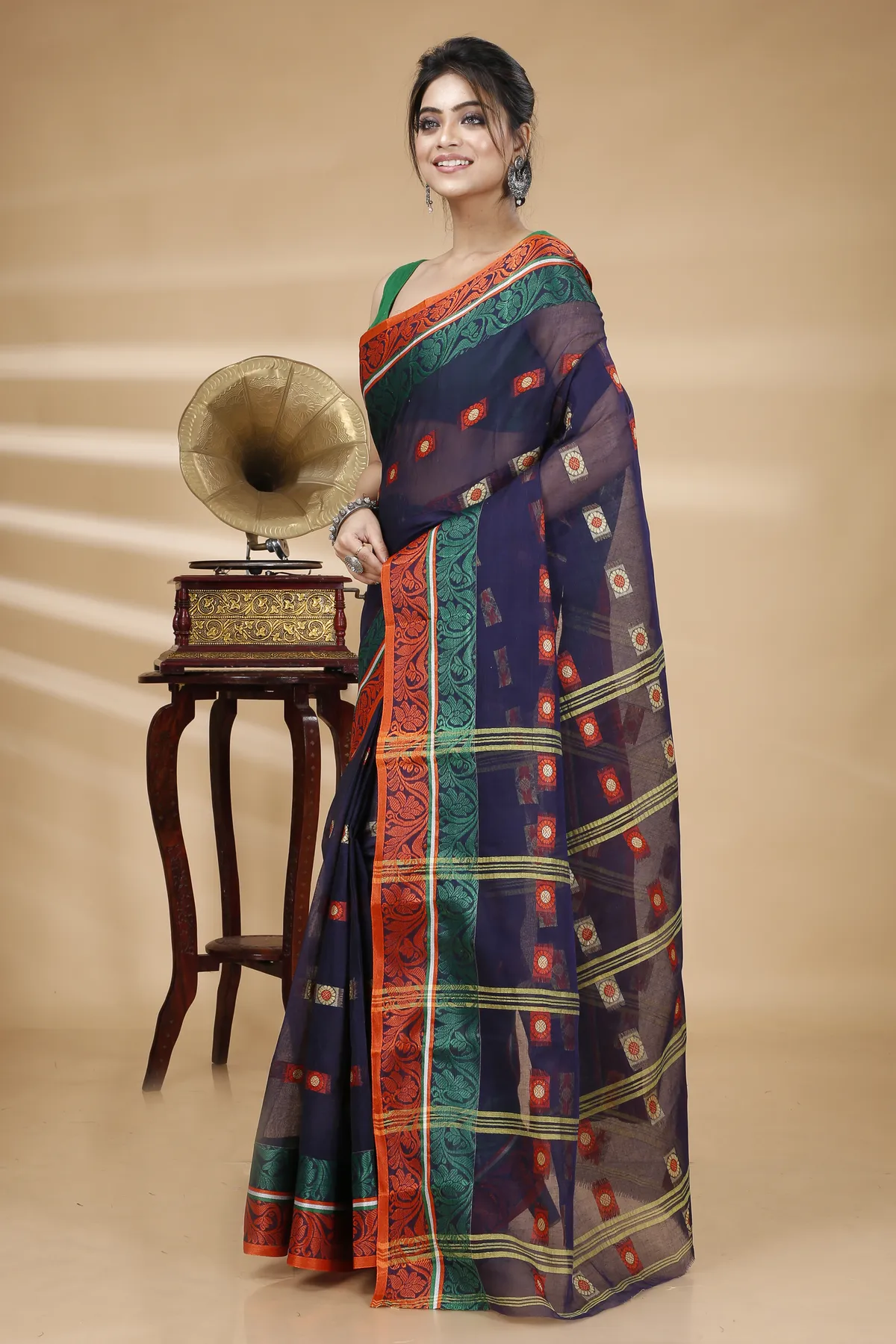 DipDiya Pure Cotton Blue Pushti Desiging Rooted in Bengal Tant Sarees