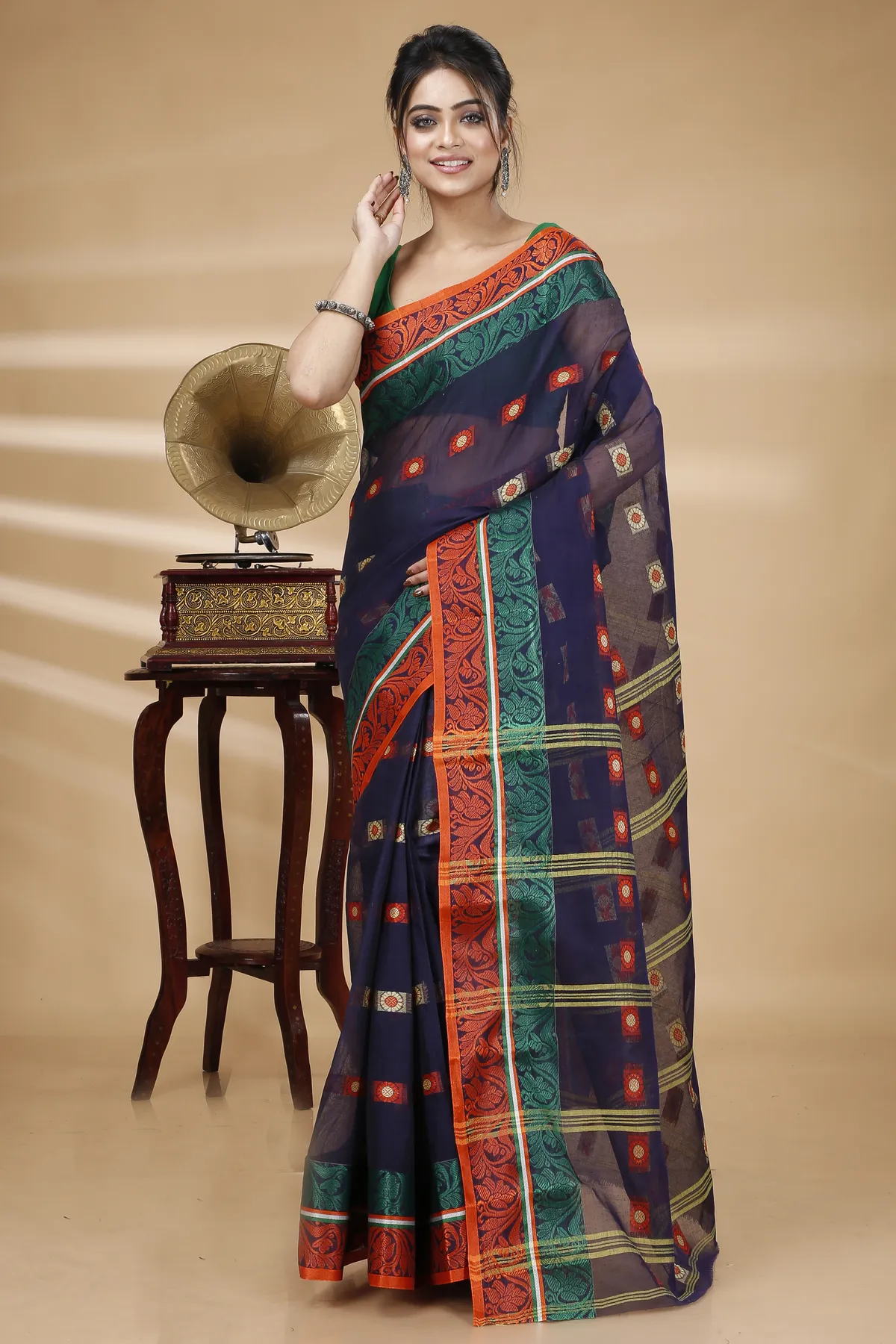 DipDiya Pure Cotton Blue Pushti Desiging Rooted in Bengal Tant Sarees