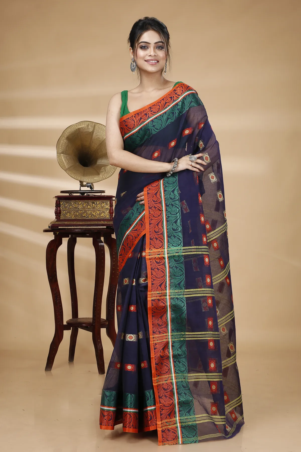 DipDiya Pure Cotton Blue Pushti Desiging Rooted in Bengal Tant Sarees