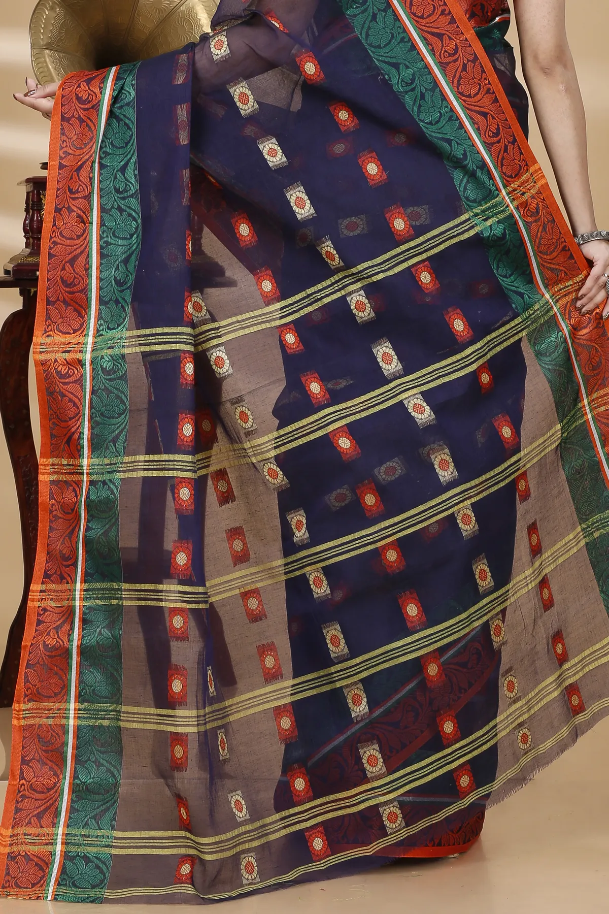 DipDiya Pure Cotton Blue Pushti Desiging Rooted in Bengal Tant Sarees