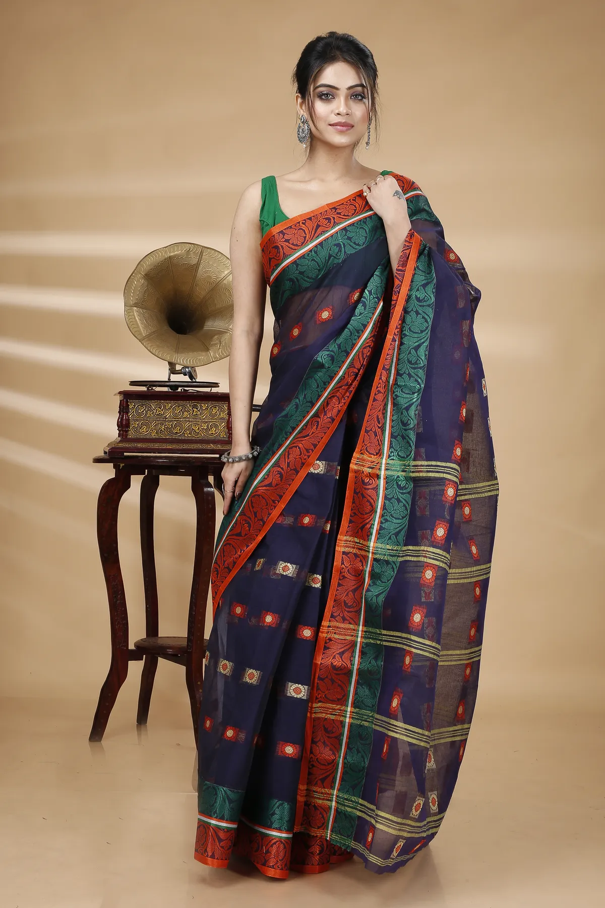 DipDiya Pure Cotton Blue Pushti Desiging Rooted in Bengal Tant Sarees