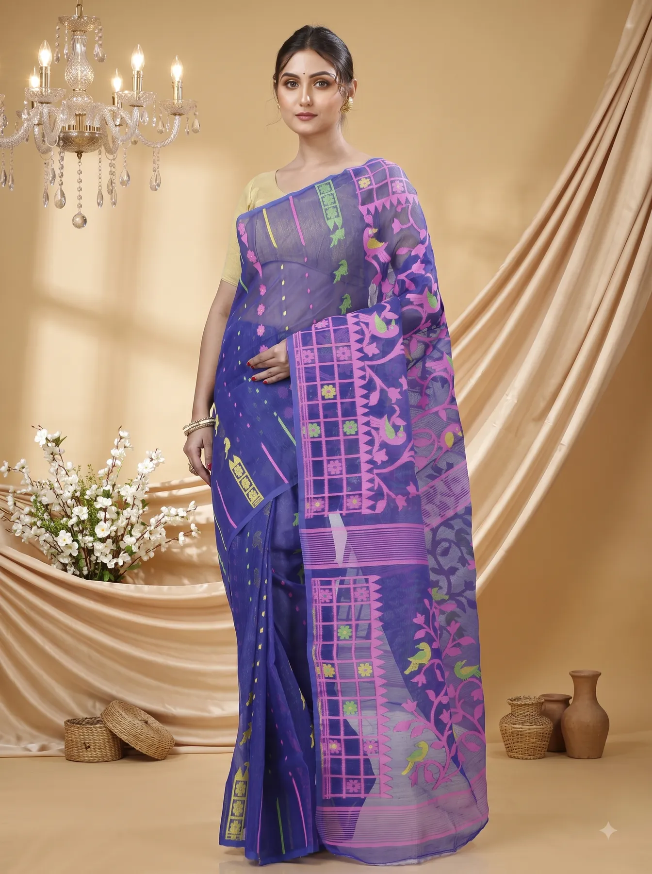 DipDiya Pure Cotton Blue Sabon Handloom Heritage Jamdani Sarees