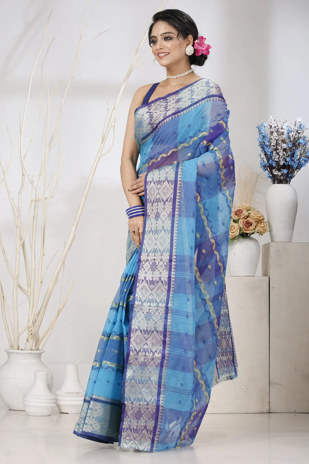 DipDiya Pure Cotton Blue SonaJhuri Desiging Heritage Elegance Tant Sarees