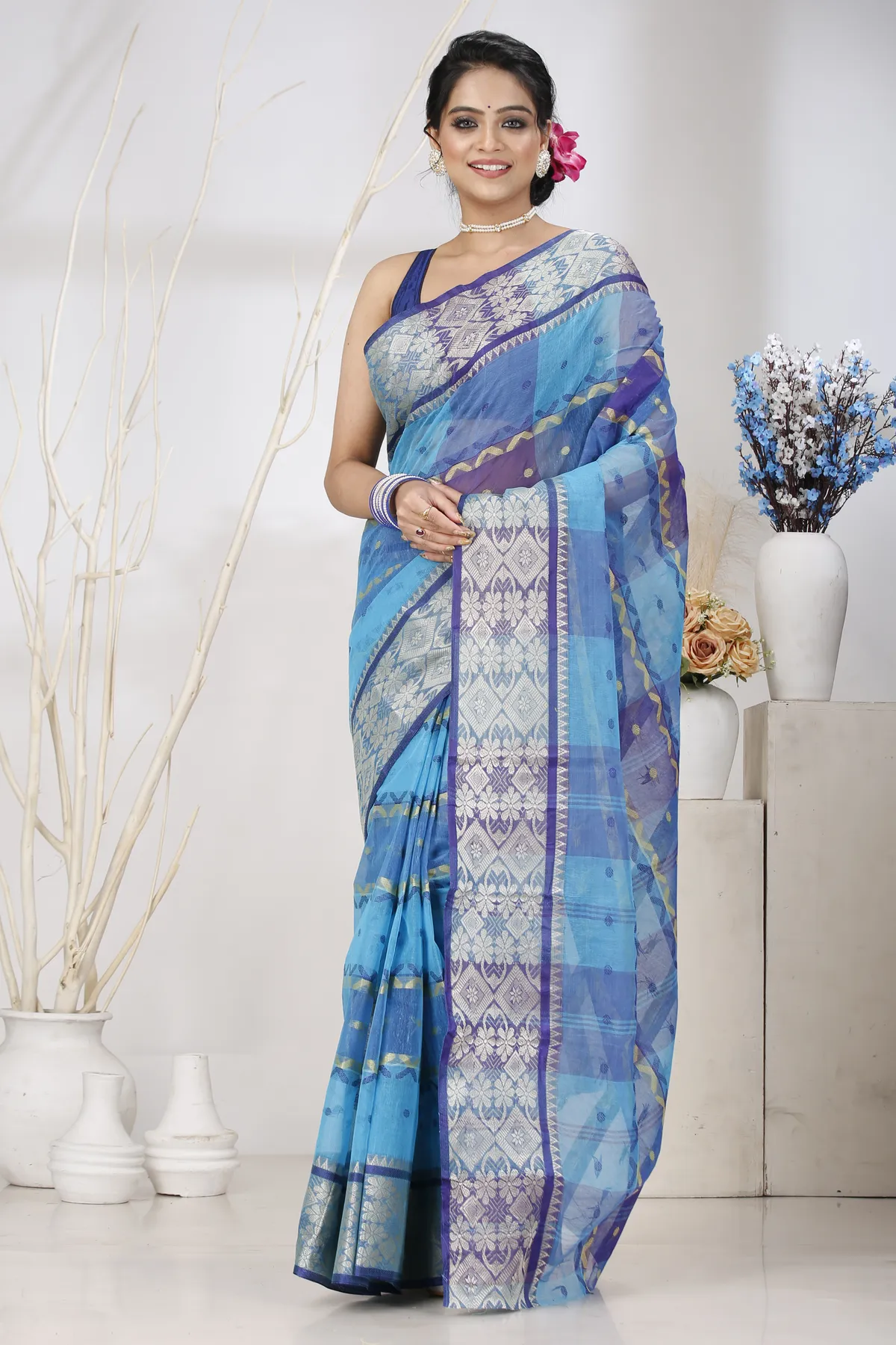 DipDiya Pure Cotton Blue SonaJhuri Desiging Heritage Elegance Tant Sarees