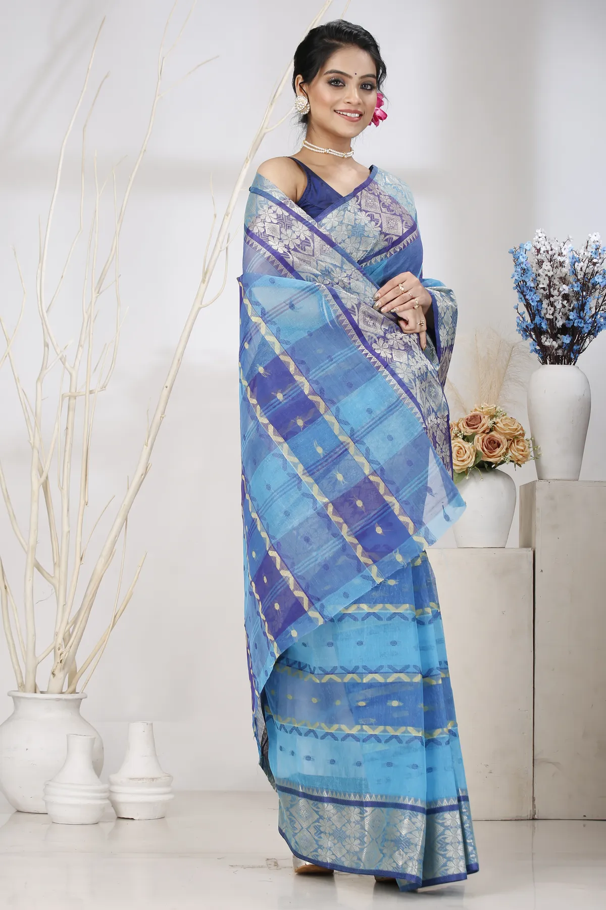 DipDiya Pure Cotton Blue SonaJhuri Desiging Heritage Elegance Tant Sarees