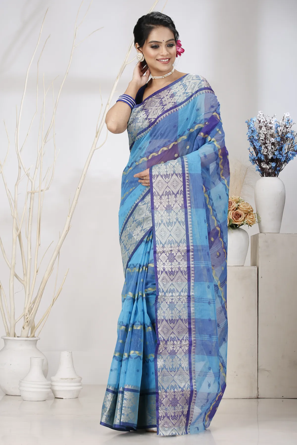 DipDiya Pure Cotton Blue SonaJhuri Desiging Heritage Elegance Tant Sarees