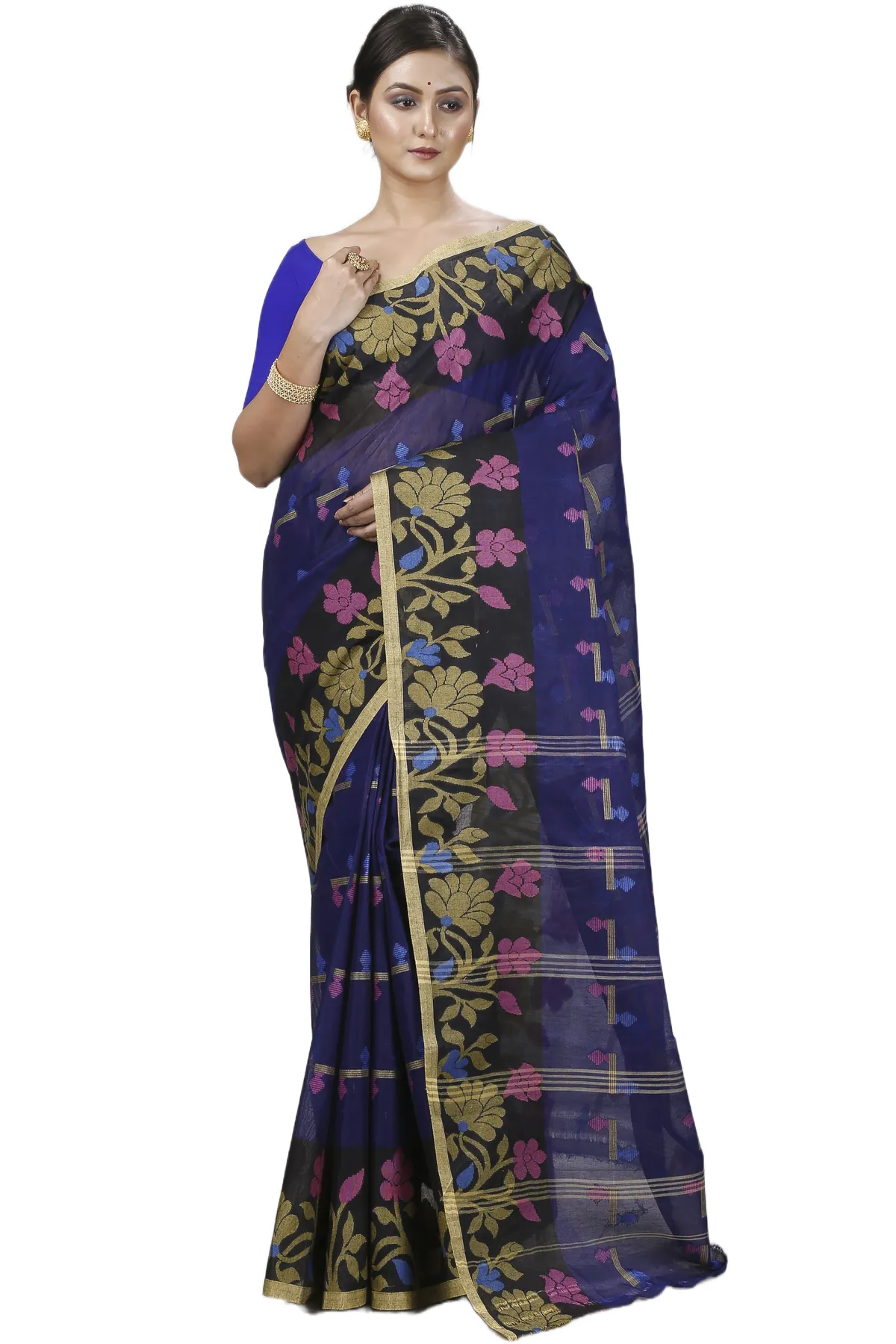 DipDiya Pure Cotton Blue Urva Bengali Heritage Tant Sarees
