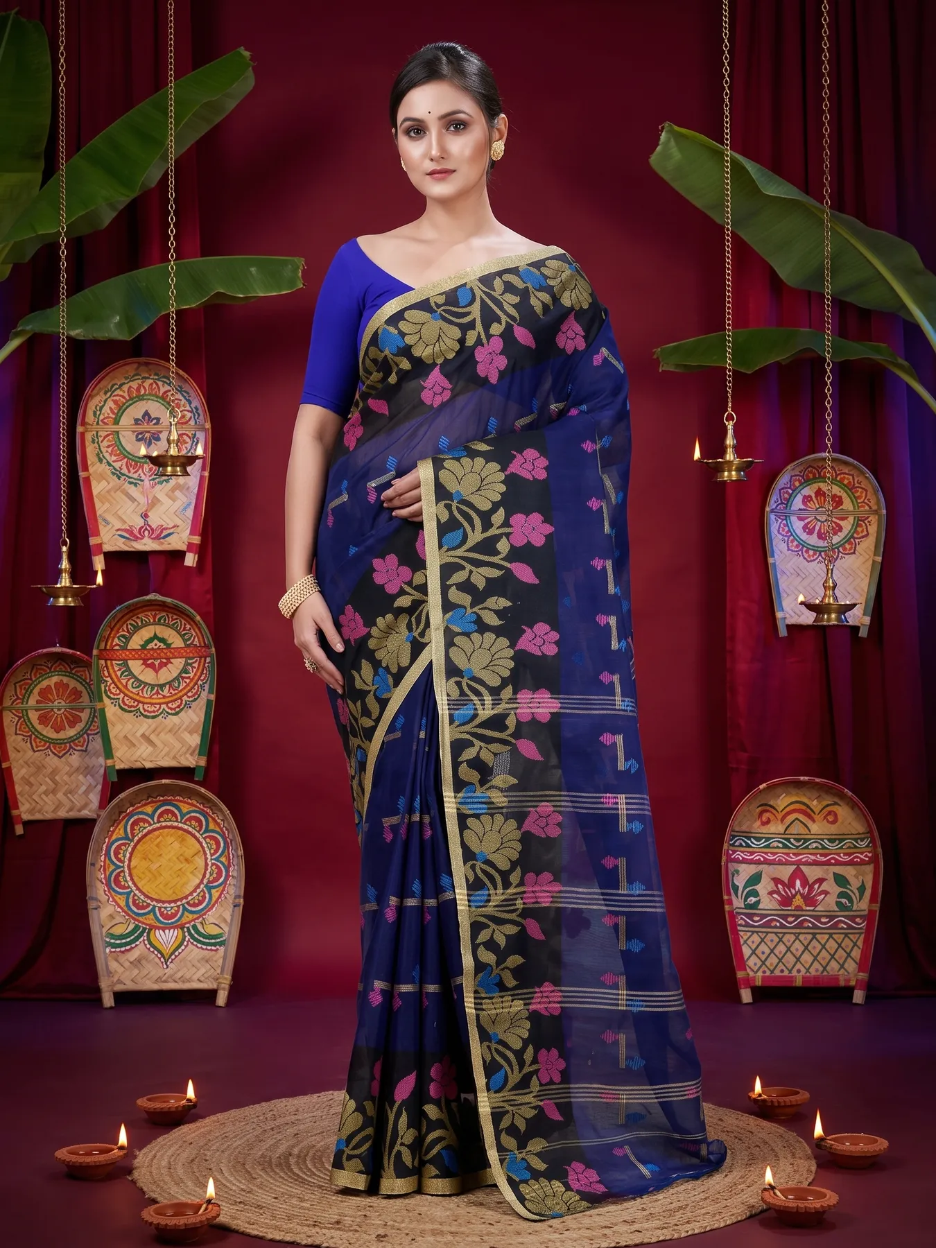 DipDiya Pure Cotton Blue Urva Bengali Heritage Tant Sarees