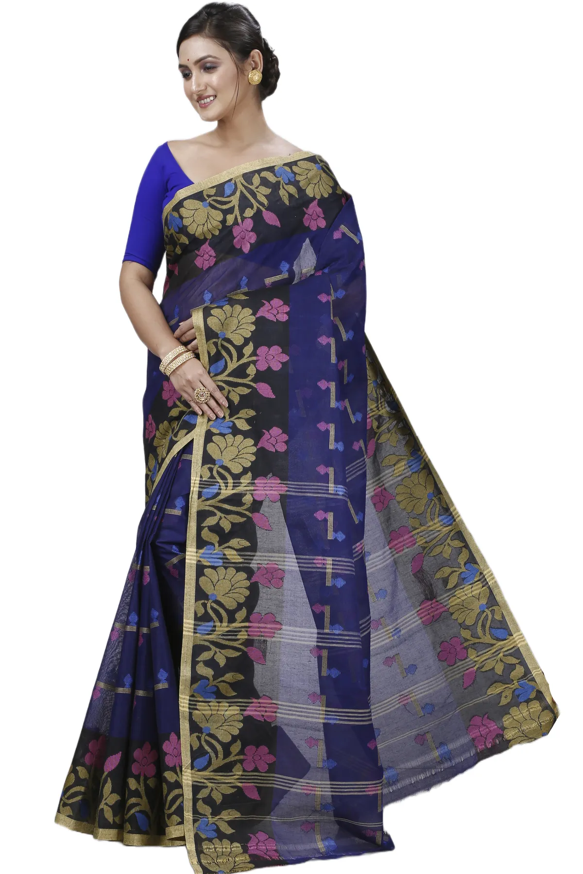 DipDiya Pure Cotton Blue Urva Bengali Heritage Tant Sarees