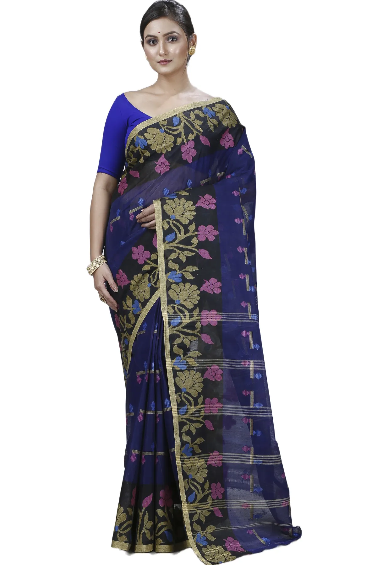 DipDiya Pure Cotton Blue Urva Bengali Heritage Tant Sarees
