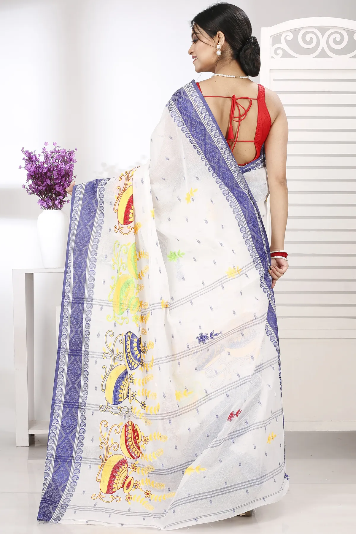 DipDiya Pure Cotton Blue White Embi Boysko Ghot Bengal’s Tradition Embroidery Tant Sarees