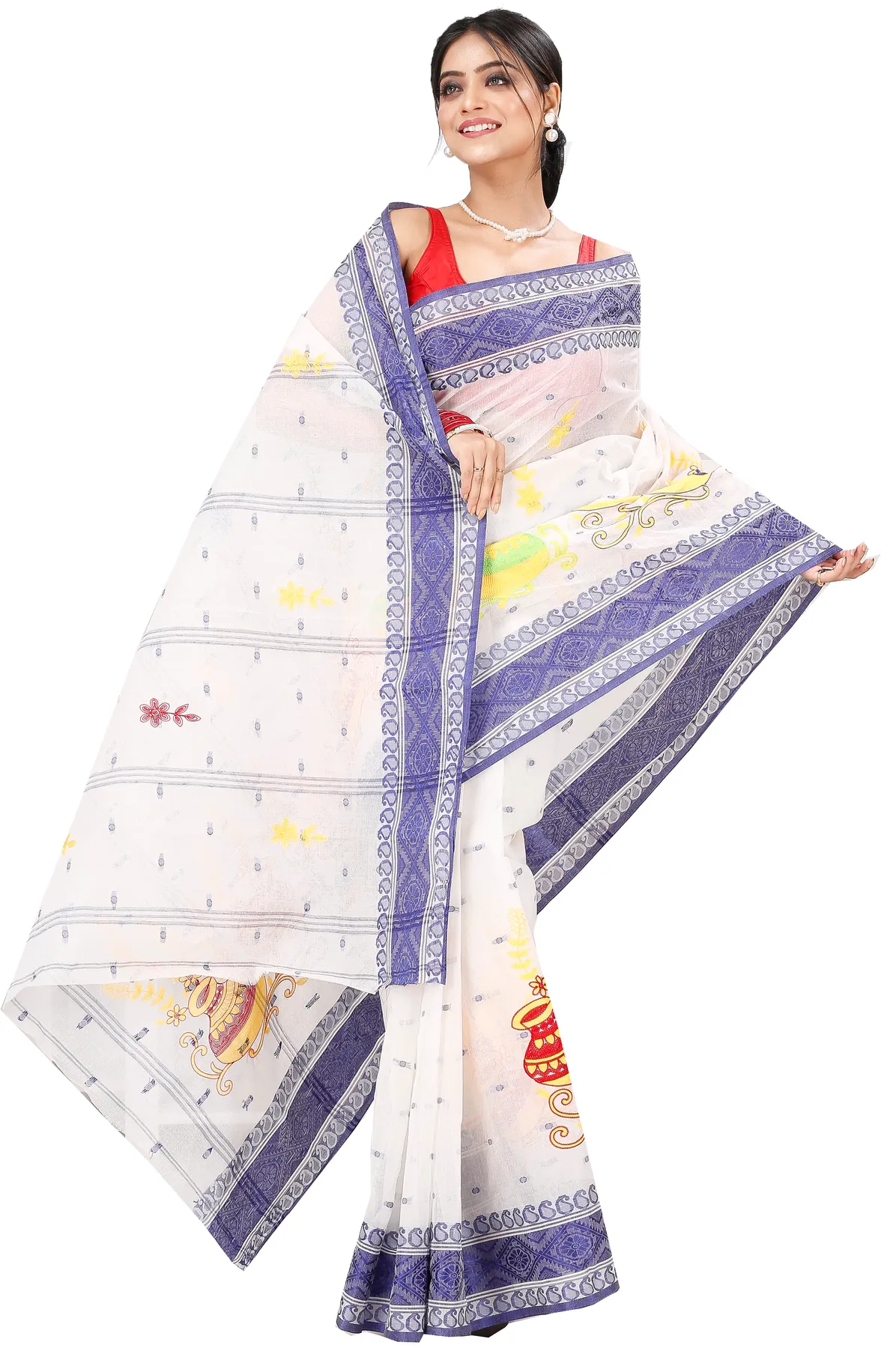 DipDiya Pure Cotton Blue White Embi Boysko Ghot Bengal’s Tradition Embroidery Tant Sarees