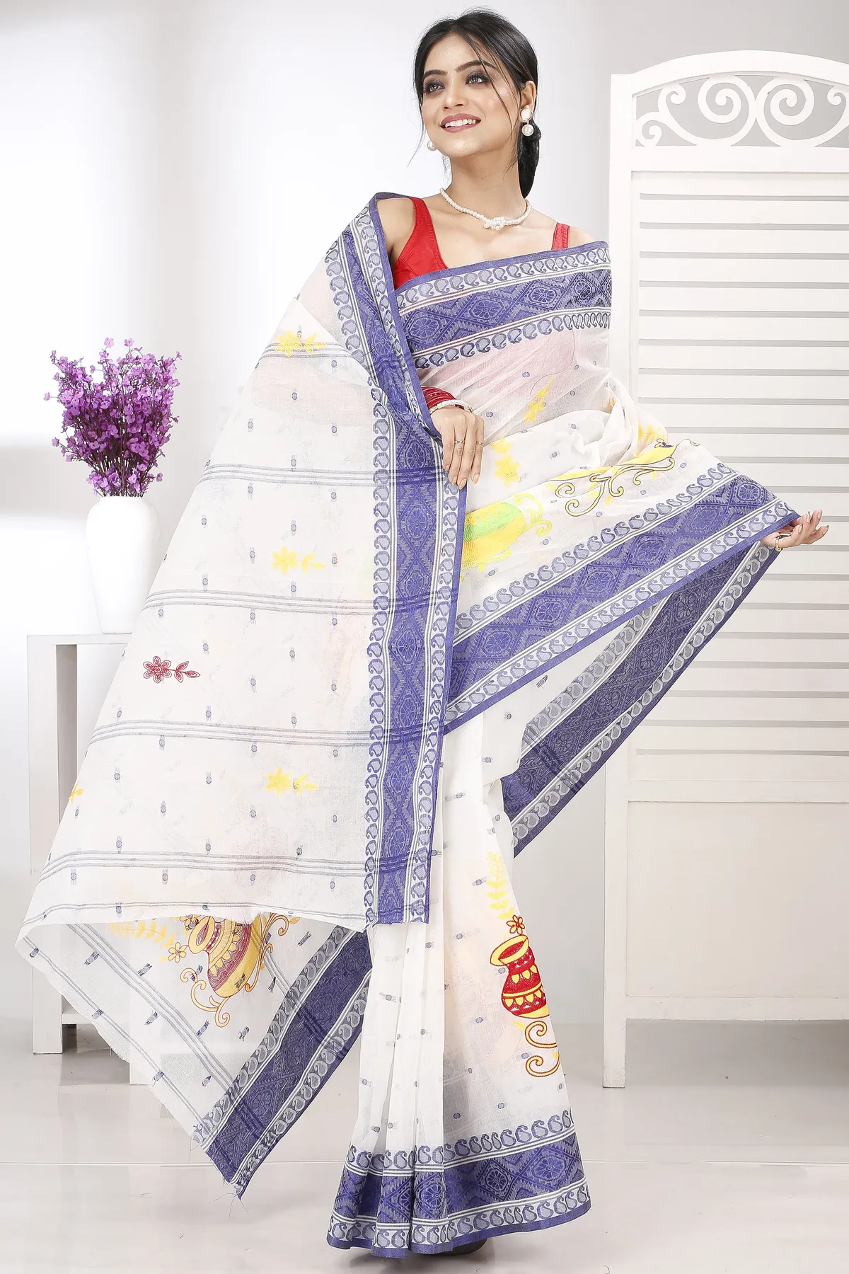 DipDiya Pure Cotton Blue White Embi Boysko Ghot Bengal’s Tradition Embroidery Tant Sarees