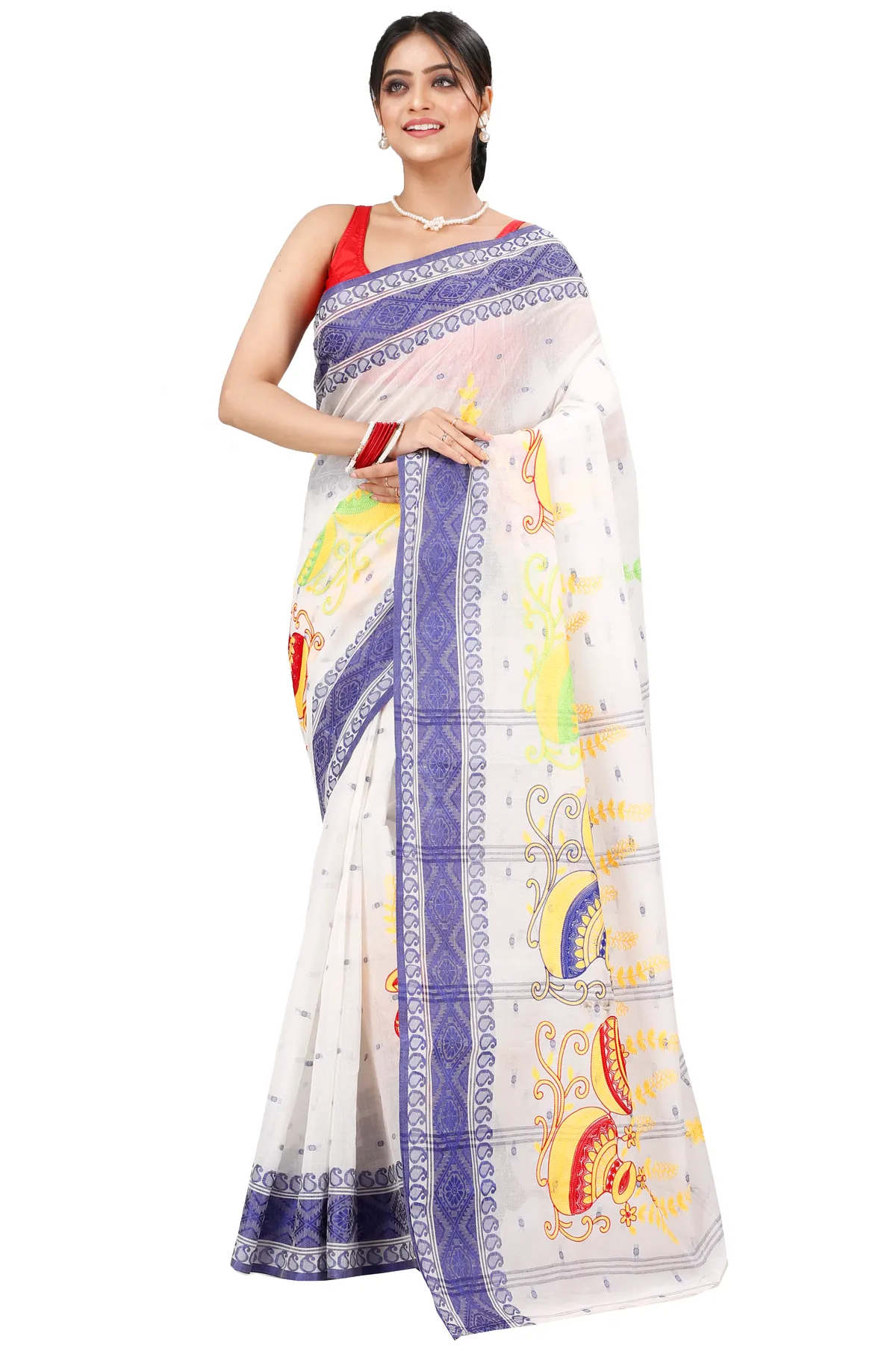 DipDiya Pure Cotton Blue White Embi Boysko Ghot Bengal’s Tradition Embroidery Tant Sarees
