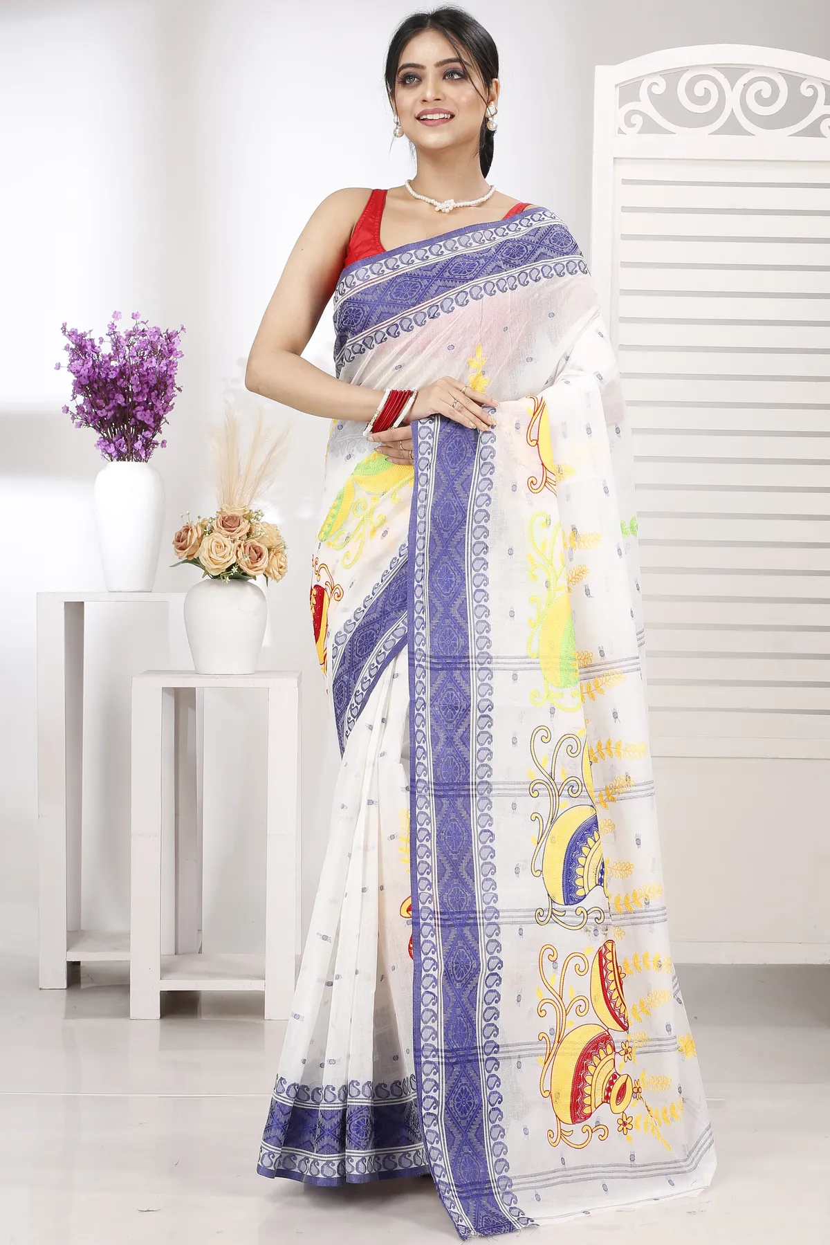 DipDiya Pure Cotton Blue White Embi Boysko Ghot Bengal’s Tradition Embroidery Tant Sarees