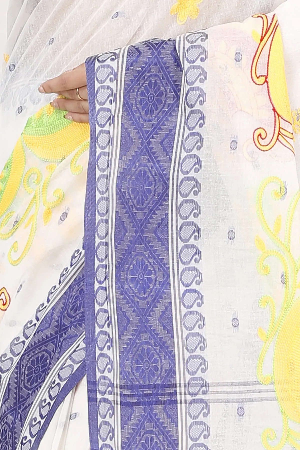 DipDiya Pure Cotton Blue White Embi Boysko Ghot Bengal’s Tradition Embroidery Tant Sarees