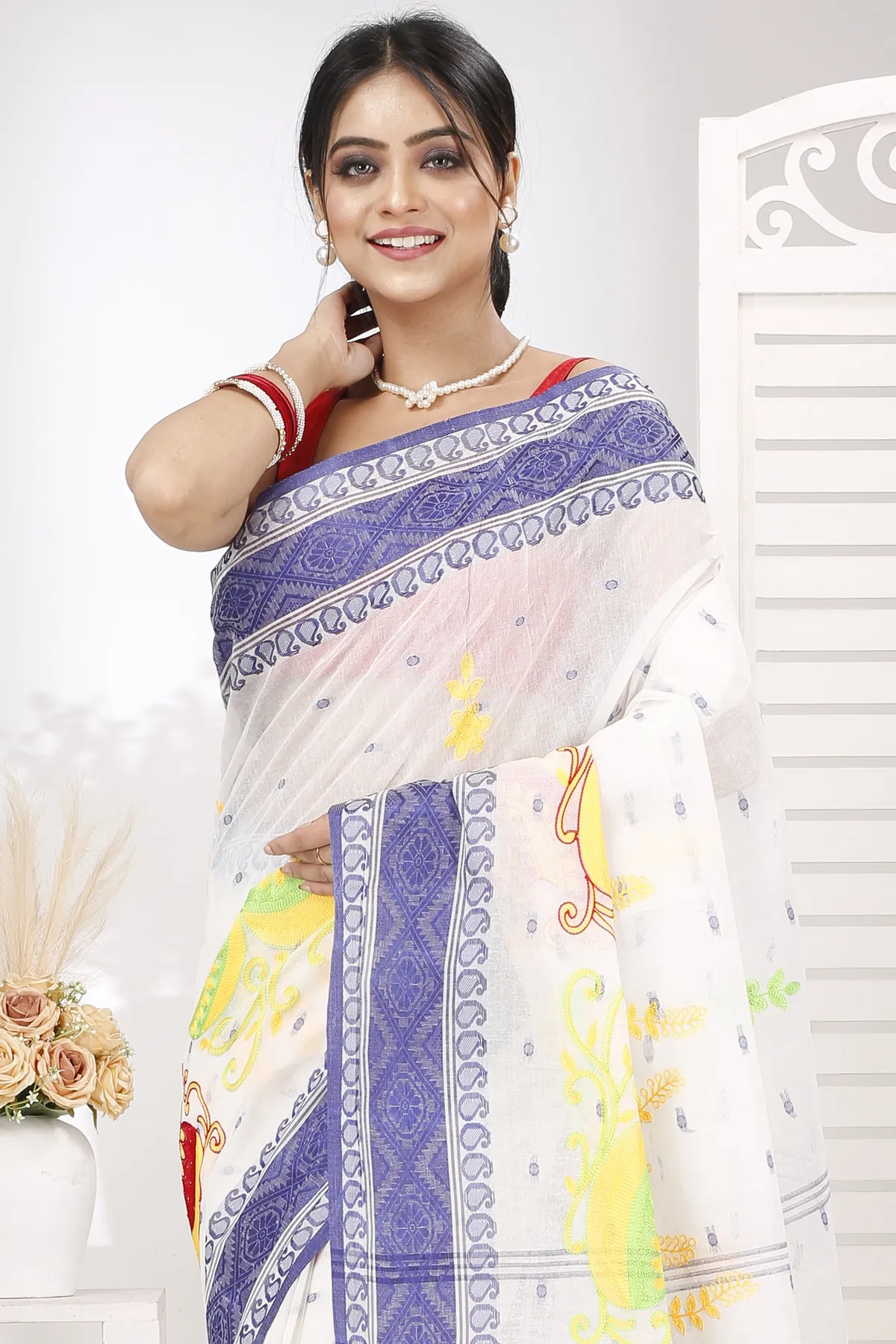 DipDiya Pure Cotton Blue White Embi Boysko Ghot Bengal’s Tradition Embroidery Tant Sarees