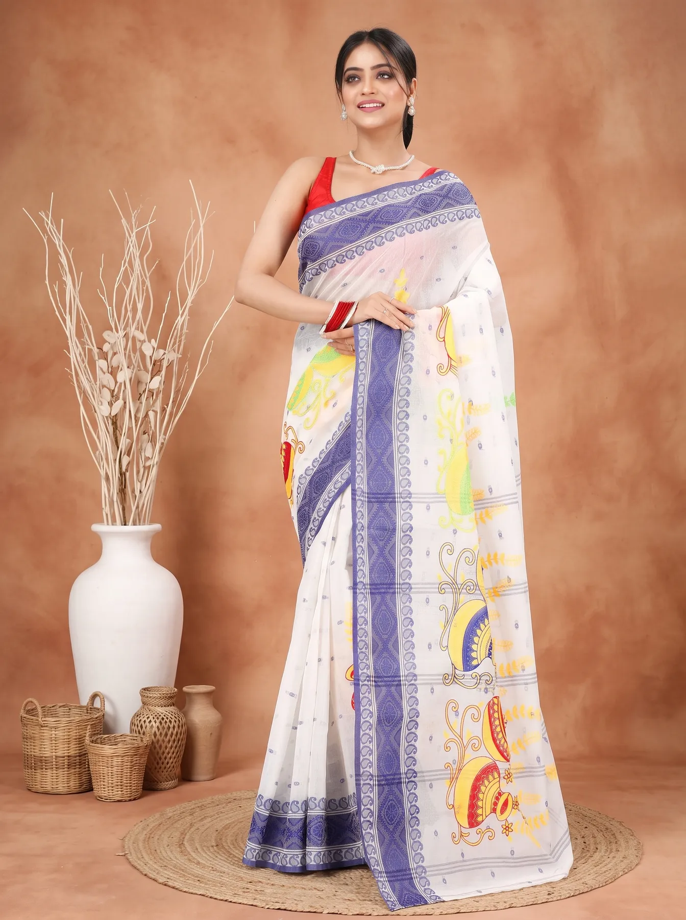 DipDiya Pure Cotton Blue White Embi Boysko Ghot Bengal’s Tradition Embroidery Tant Sarees
